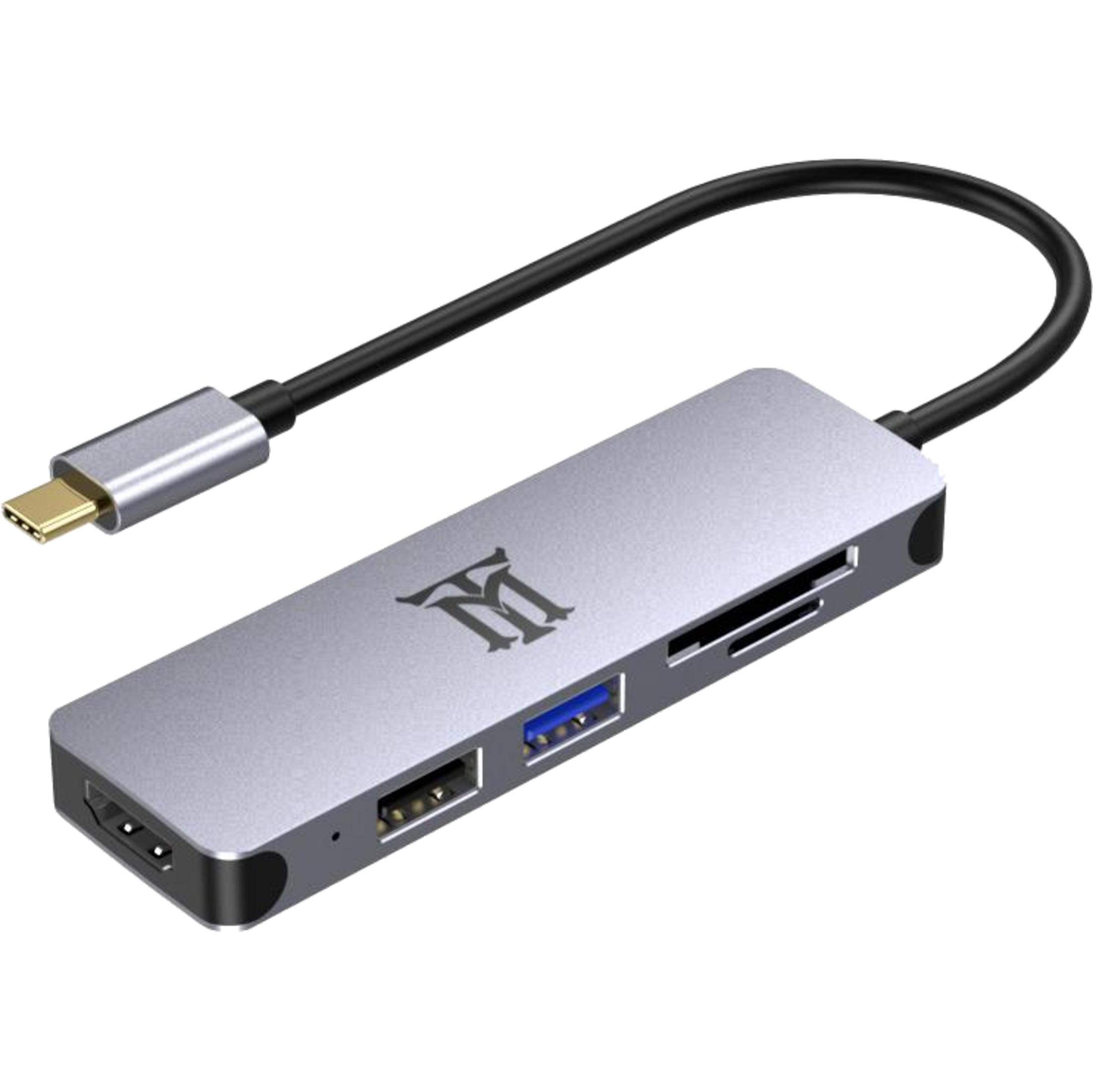 Hub USB-C argento con porte HDMI, USB-A, SD e microSD.