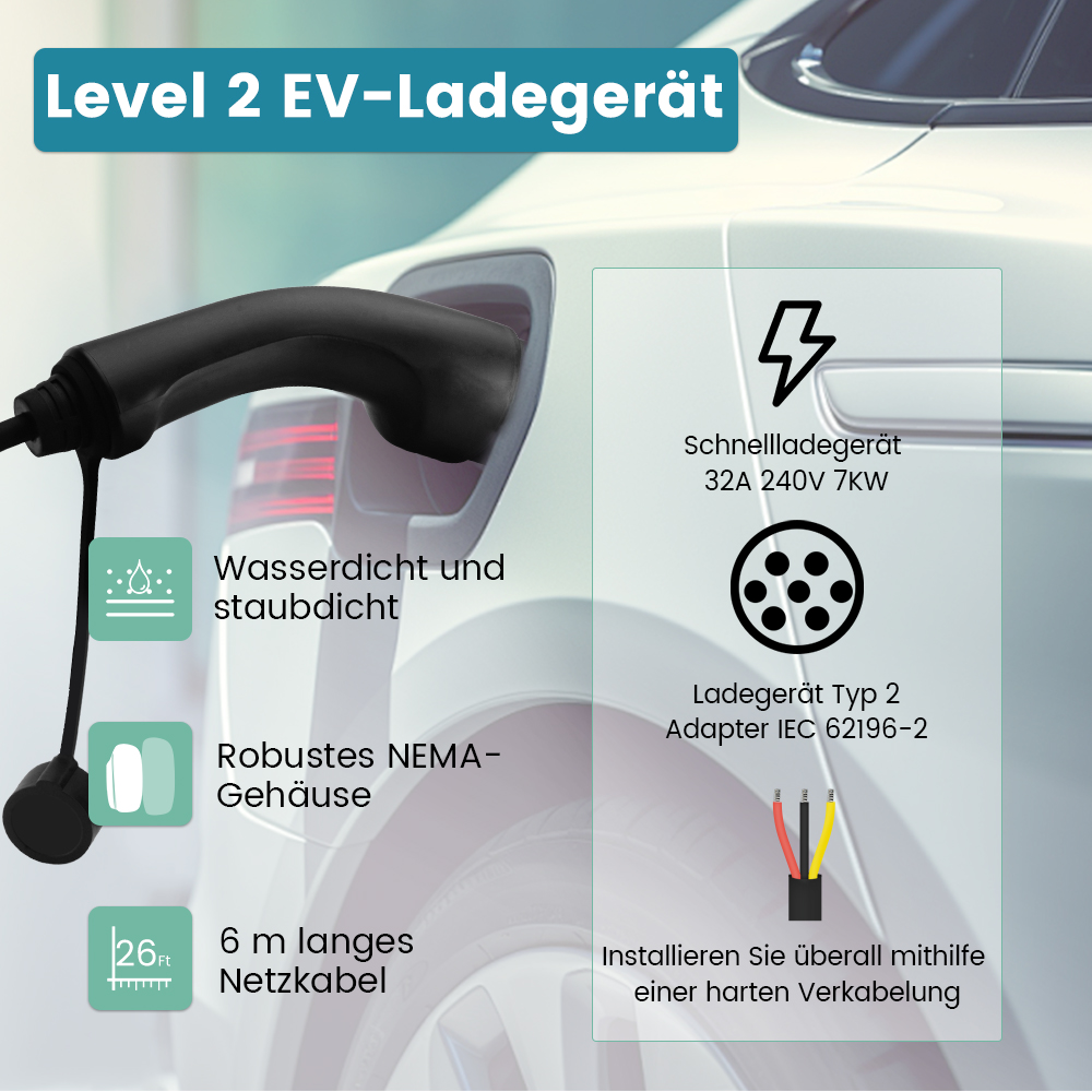 Ein schwarzes EV-Ladekabel ist in ein weißes Elektroauto eingesteckt. Merkmale: Wasserdicht, robustes Gehäuse, 6m Kabel.