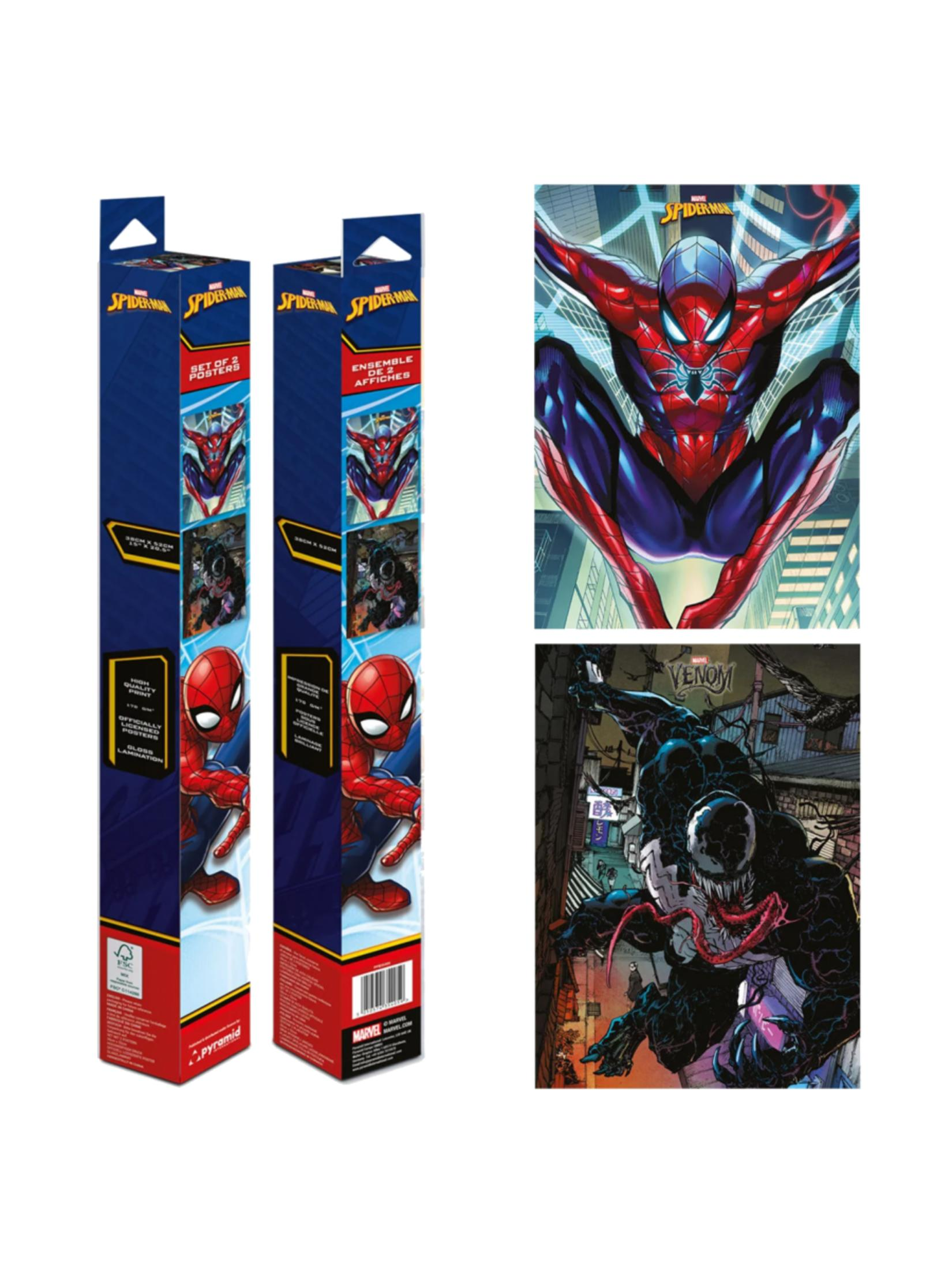 Dos paquetes de pósters de Spiderman y dos paneles de cómic de Spiderman y Venom.