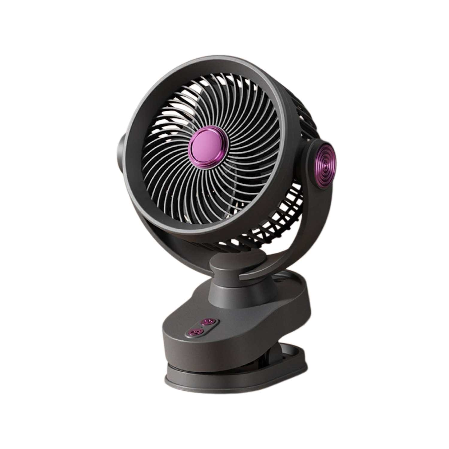 Ein dunkler Ventilator mit violetten Akzenten auf einem weißen Hintergrund.