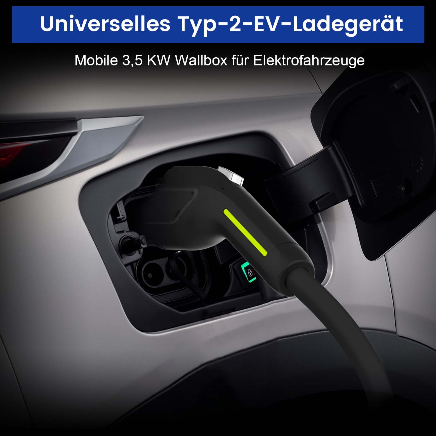 Ein schwarzer E-Auto-Ladeanschluss, der in den Ladeanschluss eines silbernen Autos gesteckt ist.