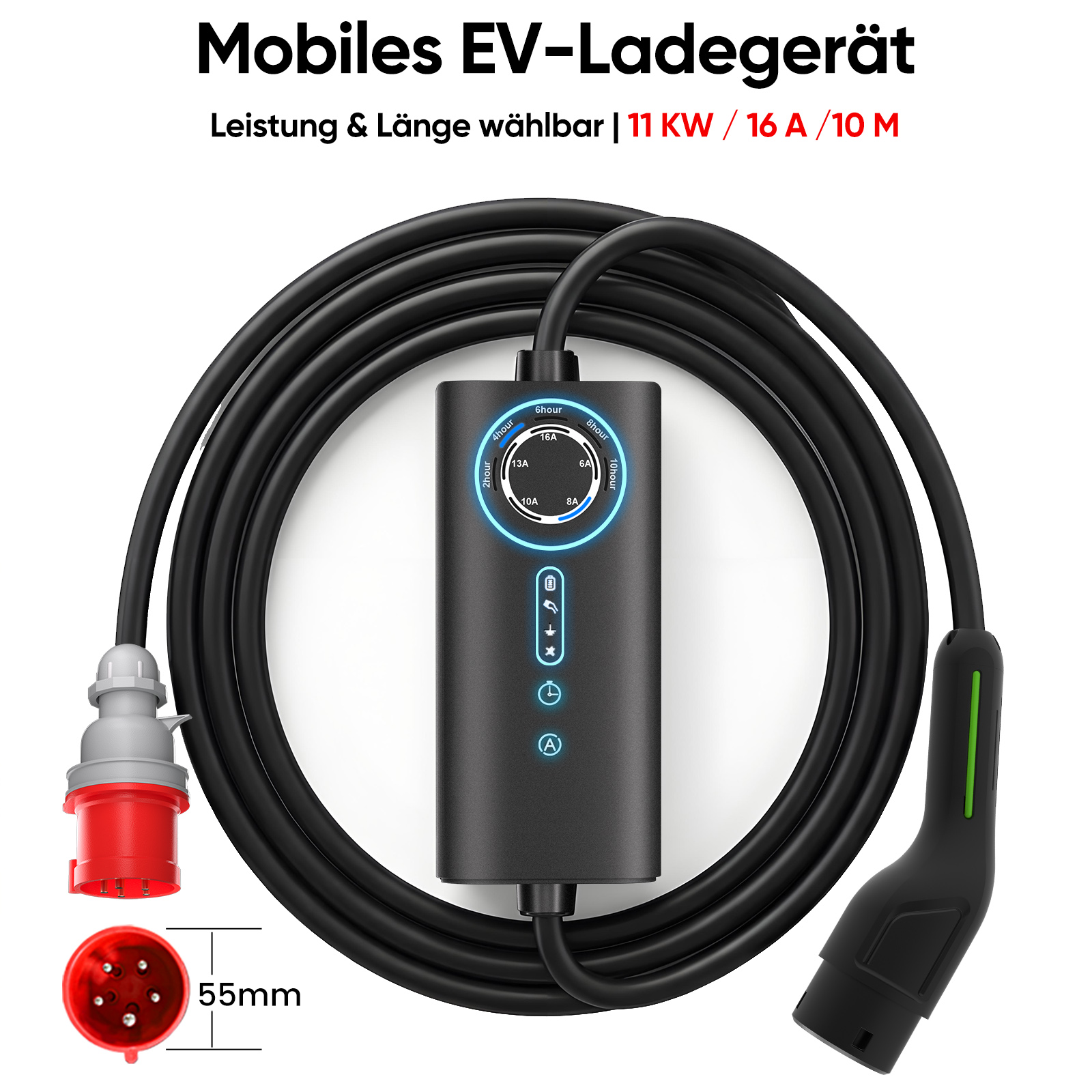 Mobiles EV-Ladegerät mit rotem Stecker, schwarzem Kabel und schwarzer Steuereinheit.