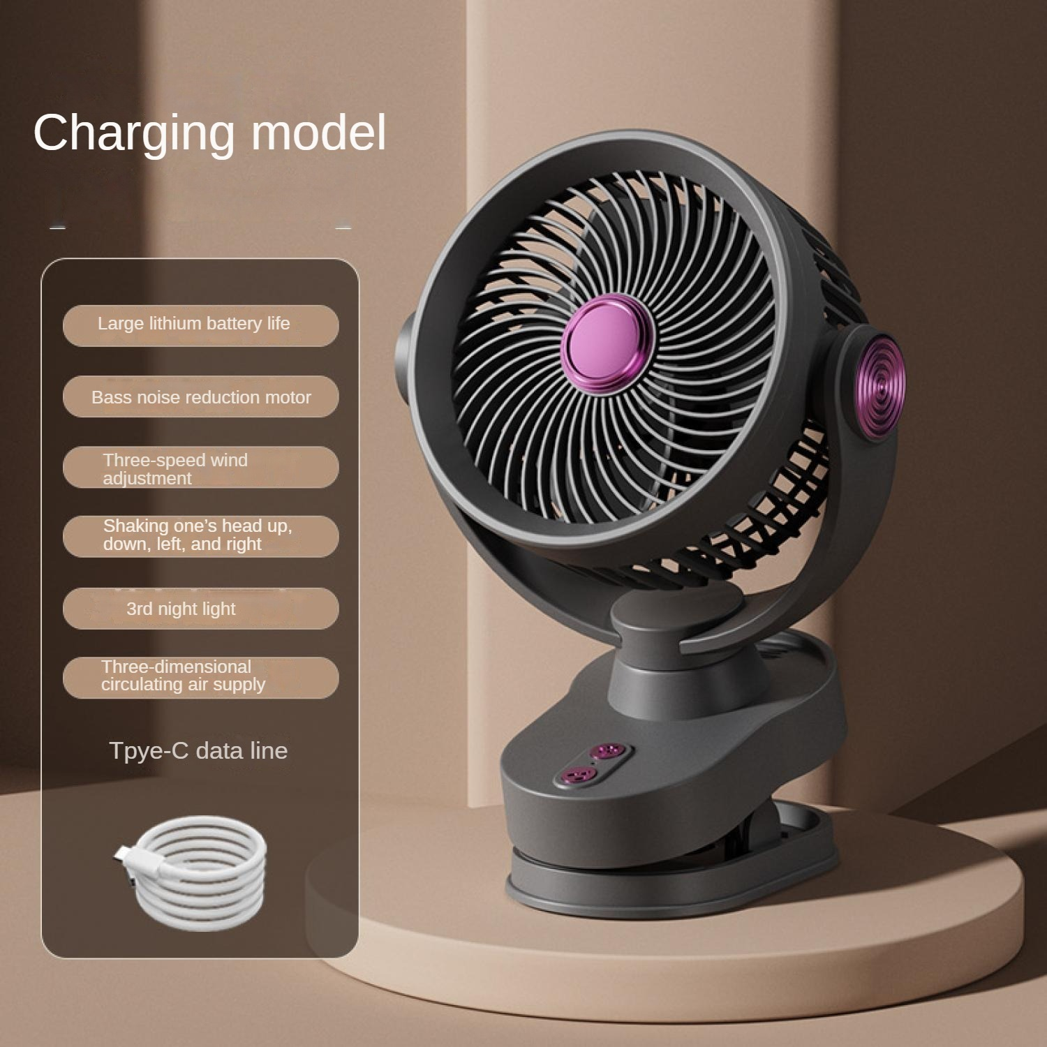 Ein grauer Ventilator mit violetter Taste steht auf einem beigen Ständer. Merkmale sind links aufgelistet.
