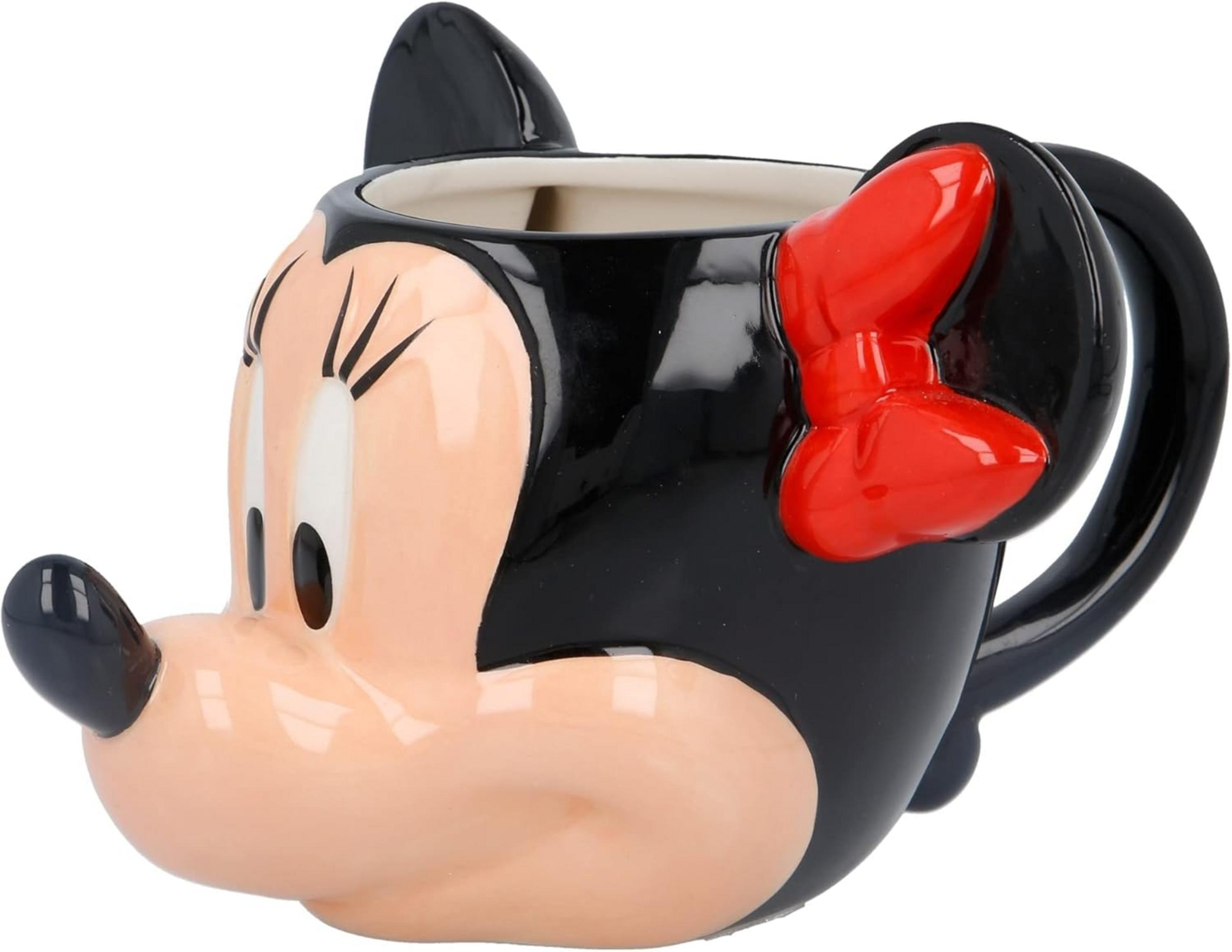 Taza negra de Minnie Mouse con detalle de lazo rojo y asa.