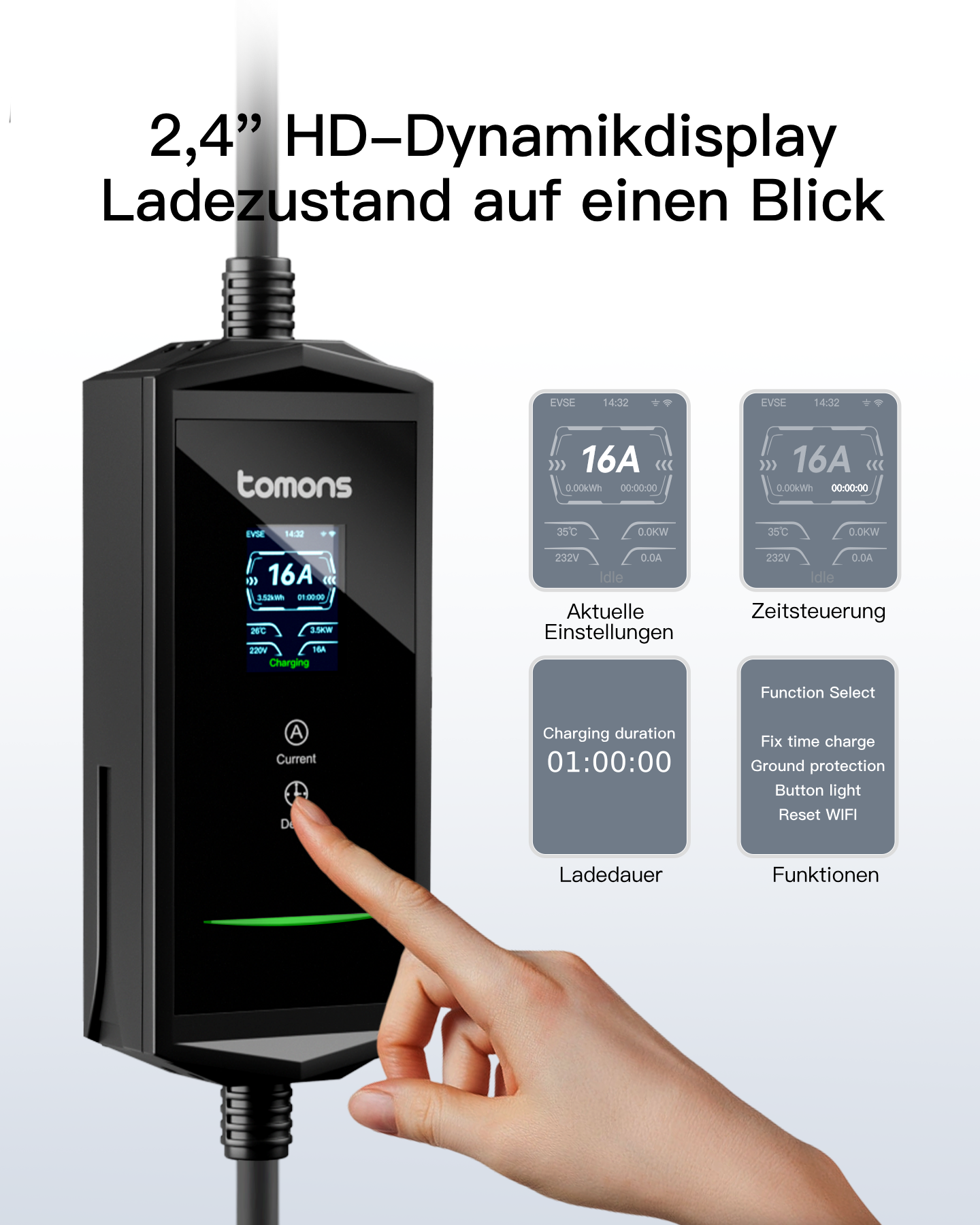 Tomons Ladegerät mit 2,4" HD-Display zeigt Ladezustand, Strom, Spannung, Temperatur.