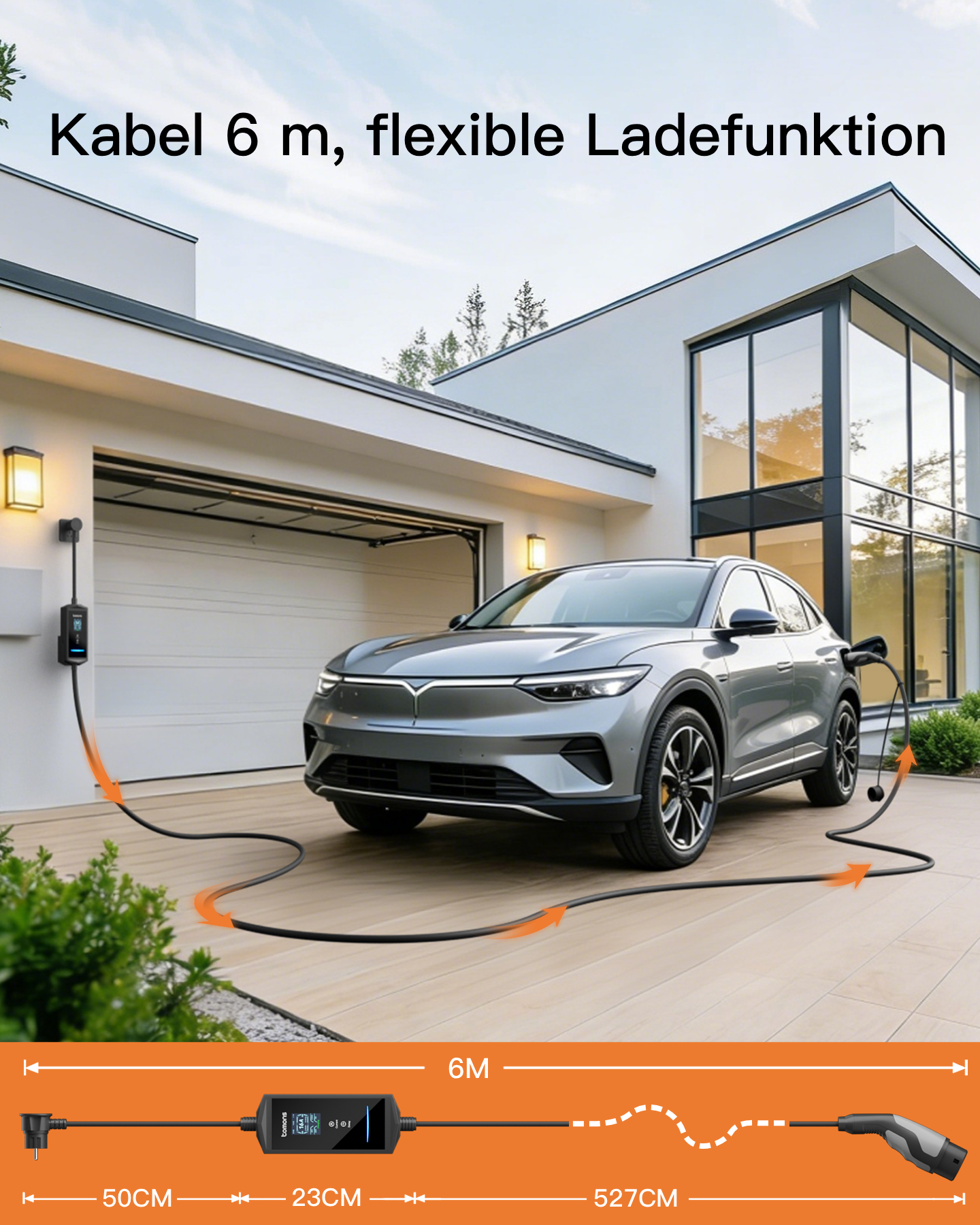 Ein graues Elektroauto lädt vor einem modernen Haus. Ein Ladekabel ist angeschlossen.