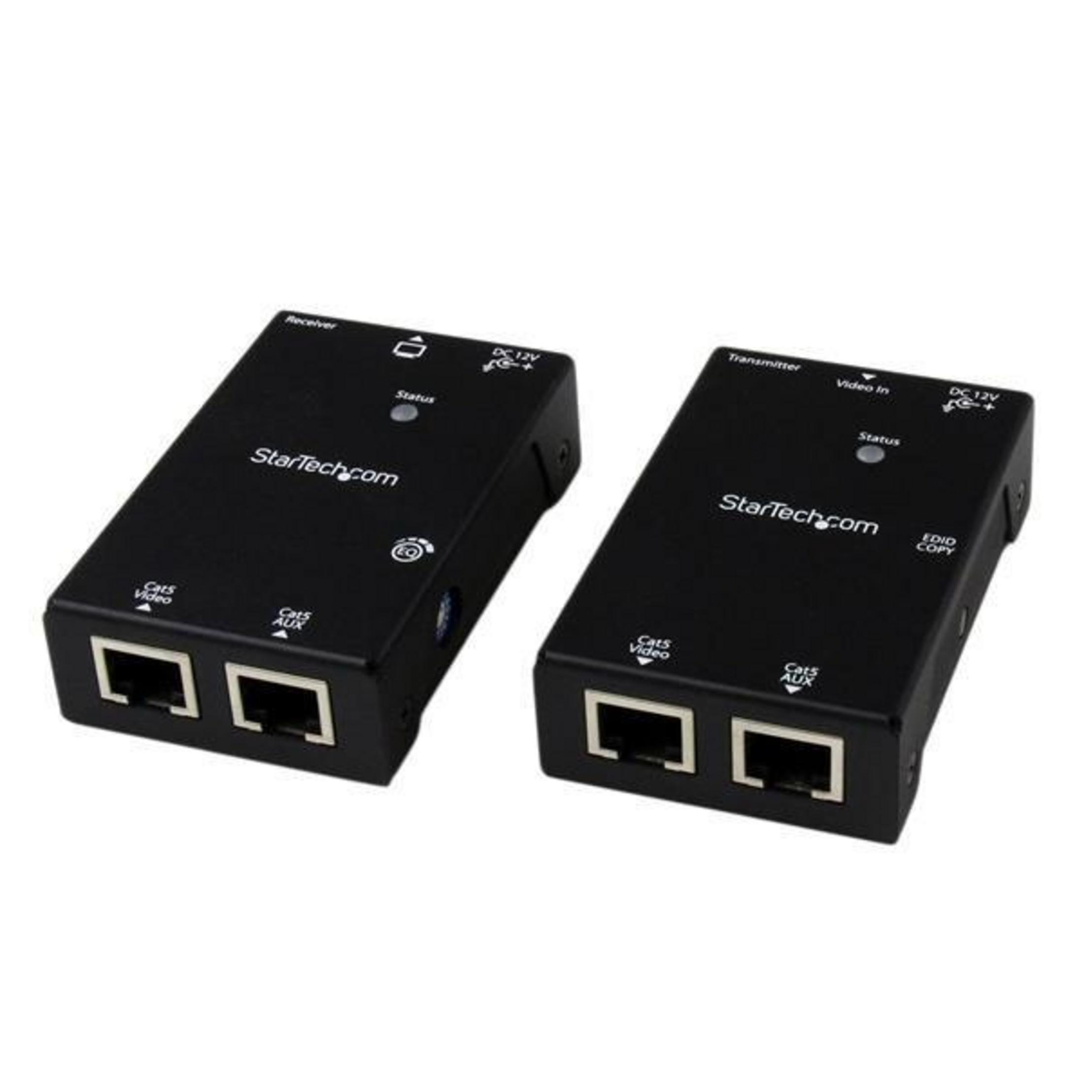 Dos adaptadores negros StarTech.com, transmisor y receptor, con puertos.