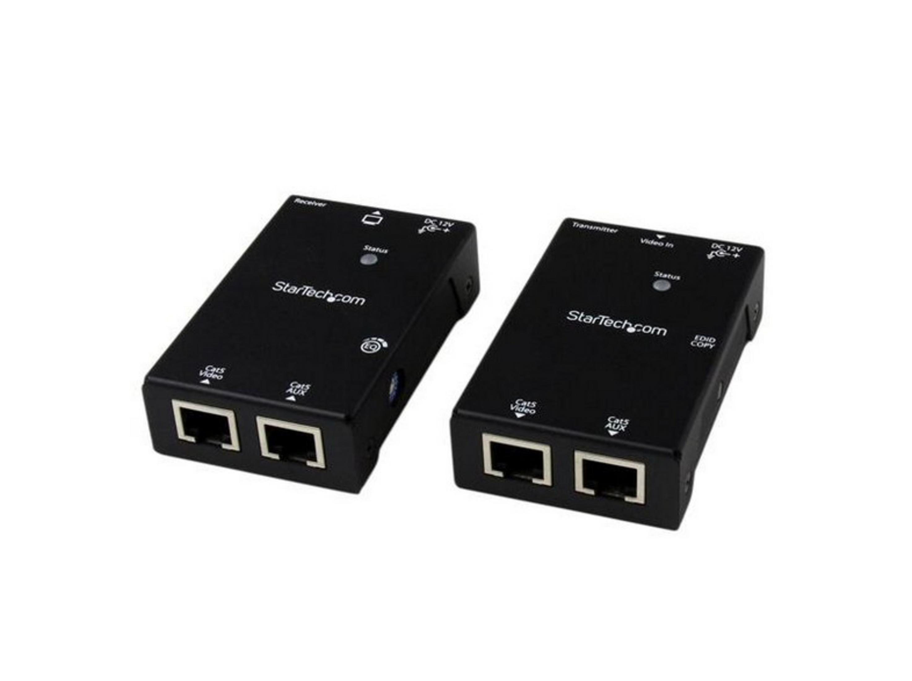 Dos adaptadores negros StarTech.com: transmisor y receptor con puertos.