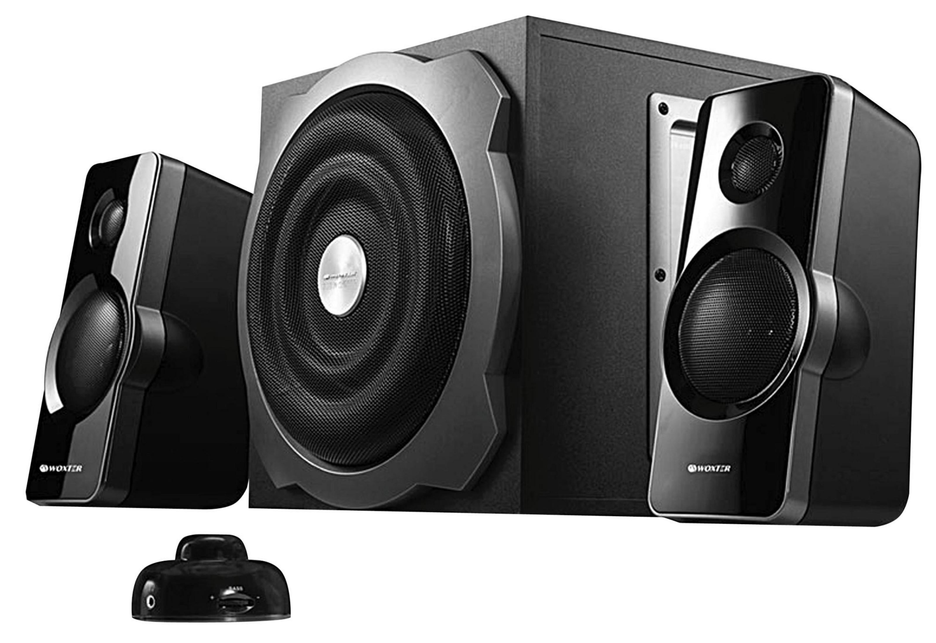 Sistema de sonido 2.1 negro con subwoofer, dos altavoces satélite y un control de graves.