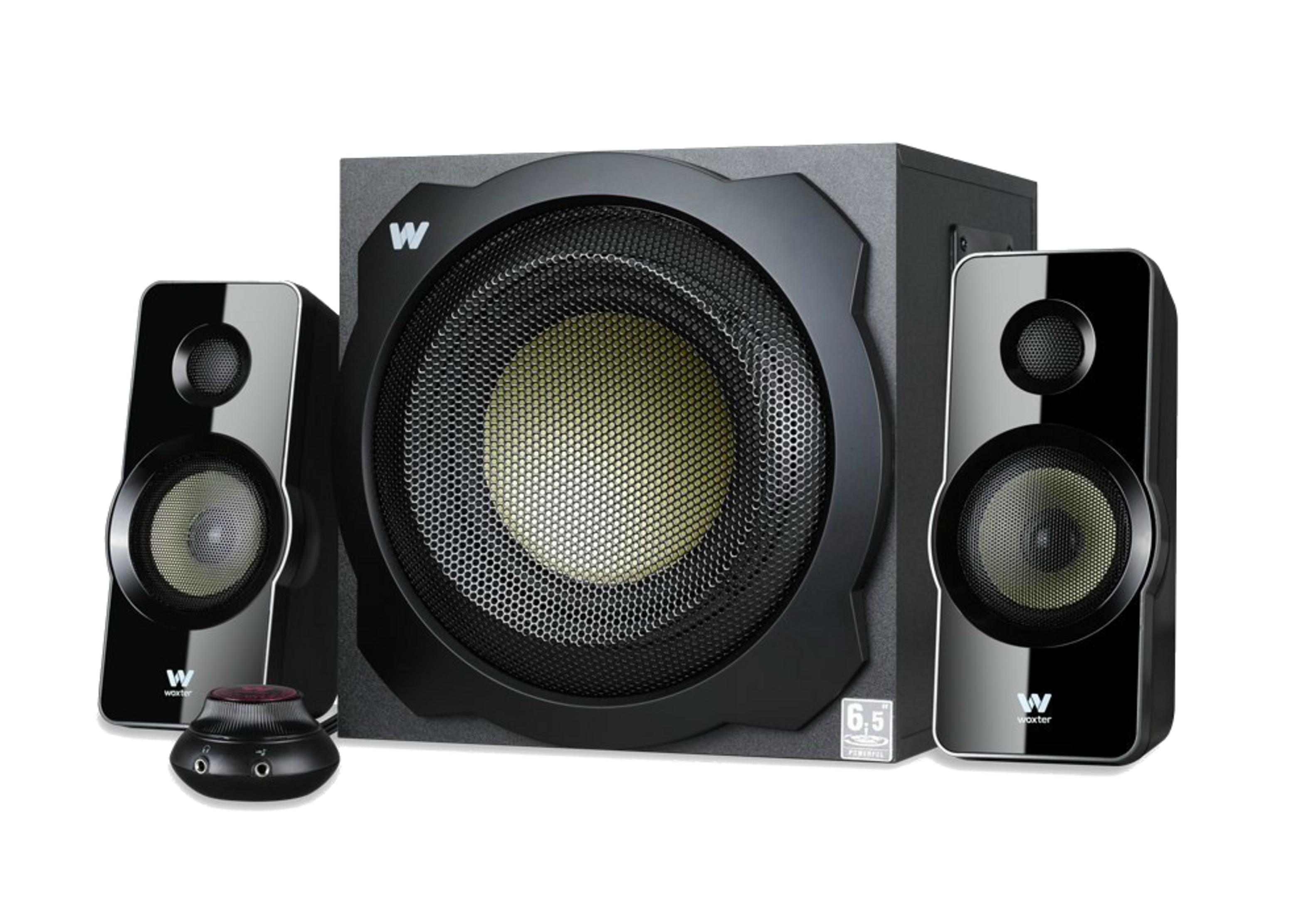 Un sistema de altavoces 2.1 negro con un subwoofer y dos altavoces satélite.