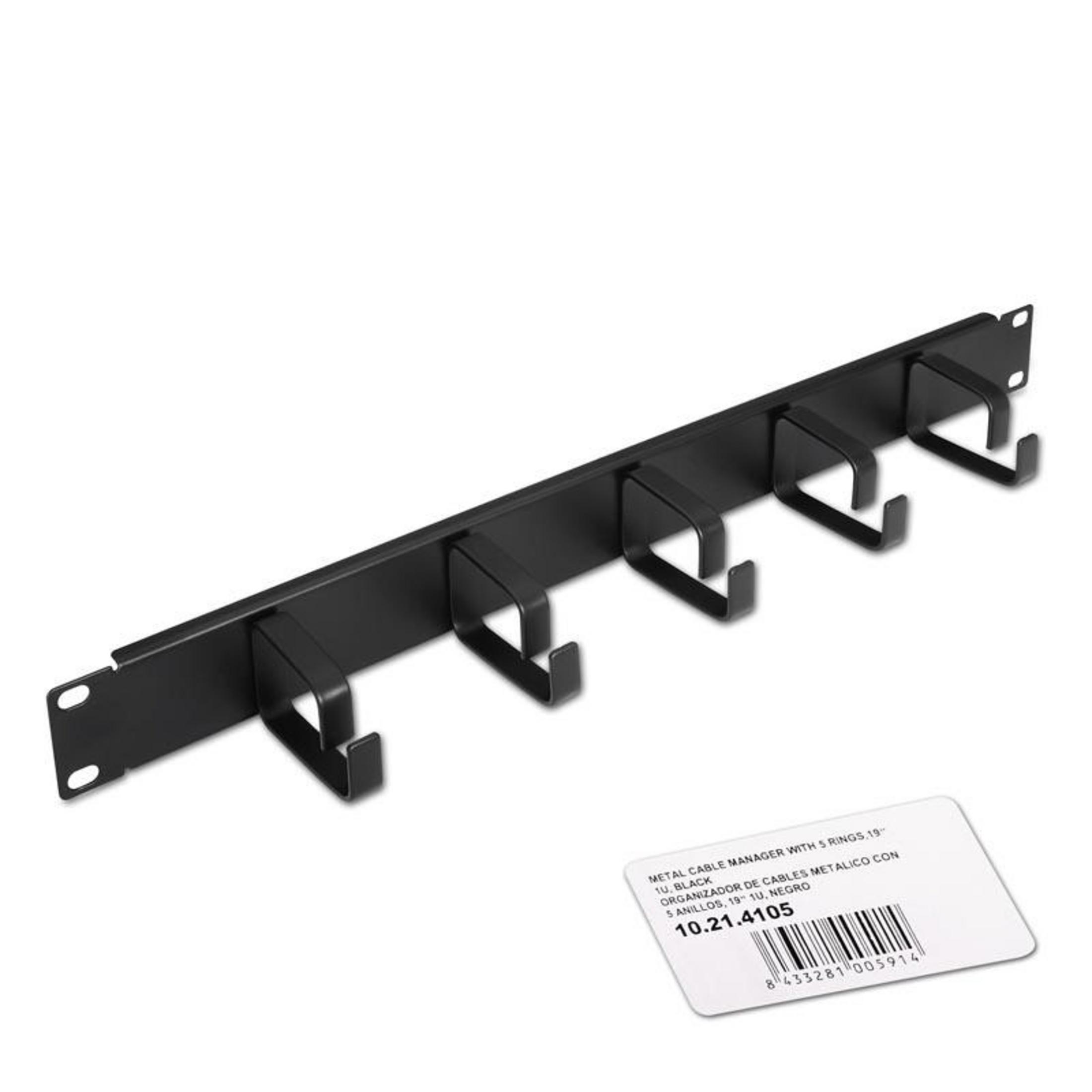 Organizador de cables metálico negro de 1U y 19" con 5 ganchos.