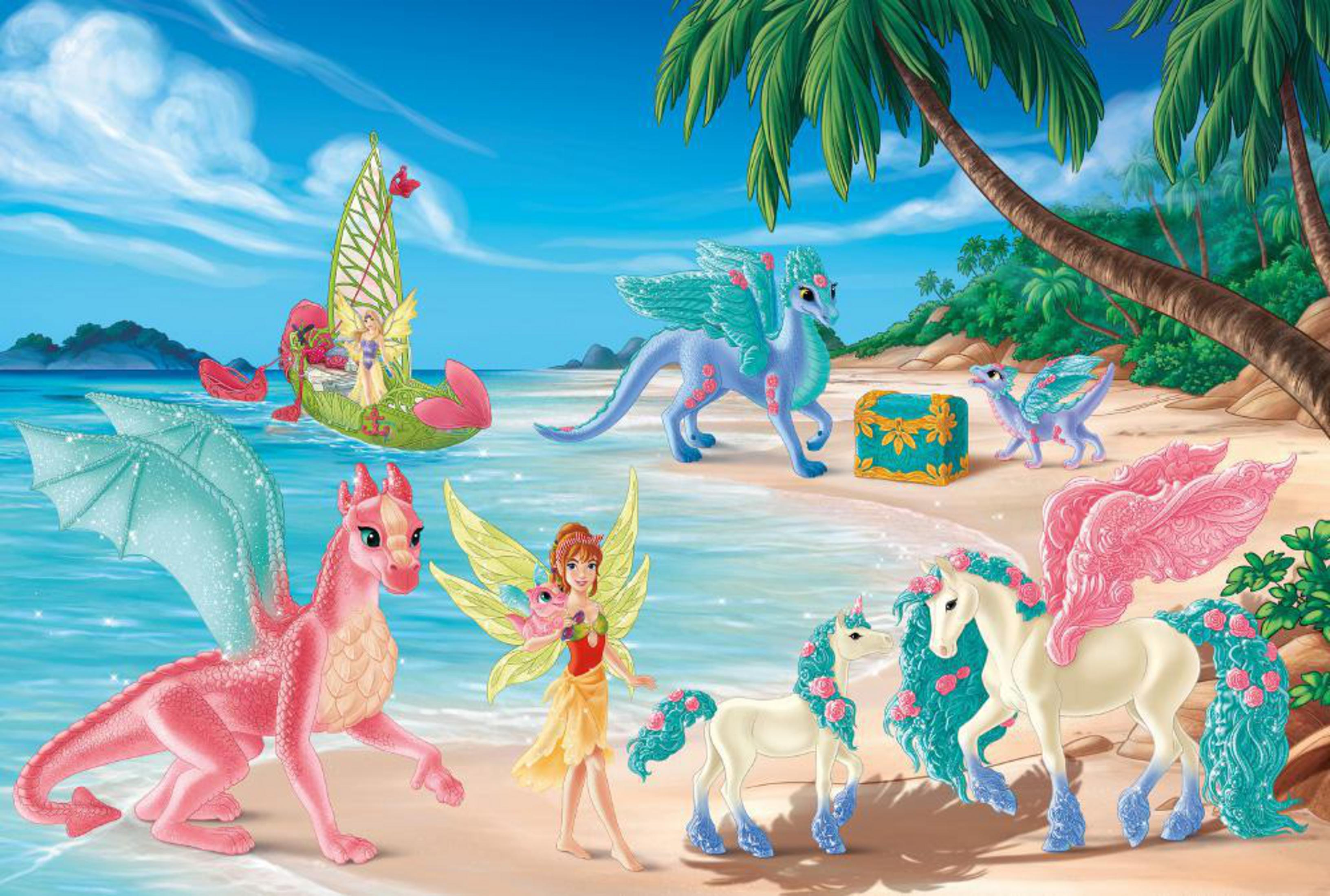 Feen, Drachen und Einhörner am Strand unter Palmen, mit Schiff im Meer.