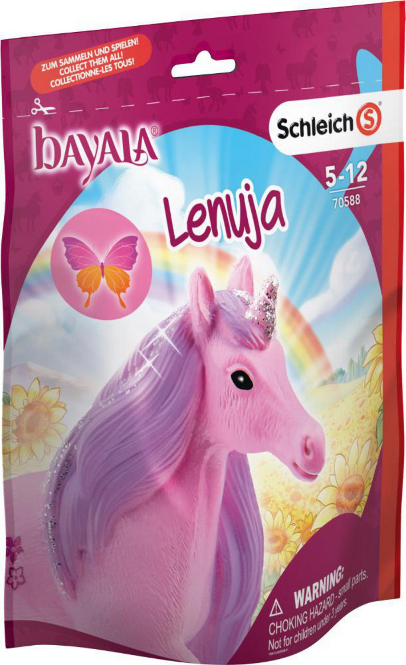 Verpackung mit pinkem Einhorn-Spielzeug mit Glitzerhorn und lila Mähne. Schmetterling-Icon.