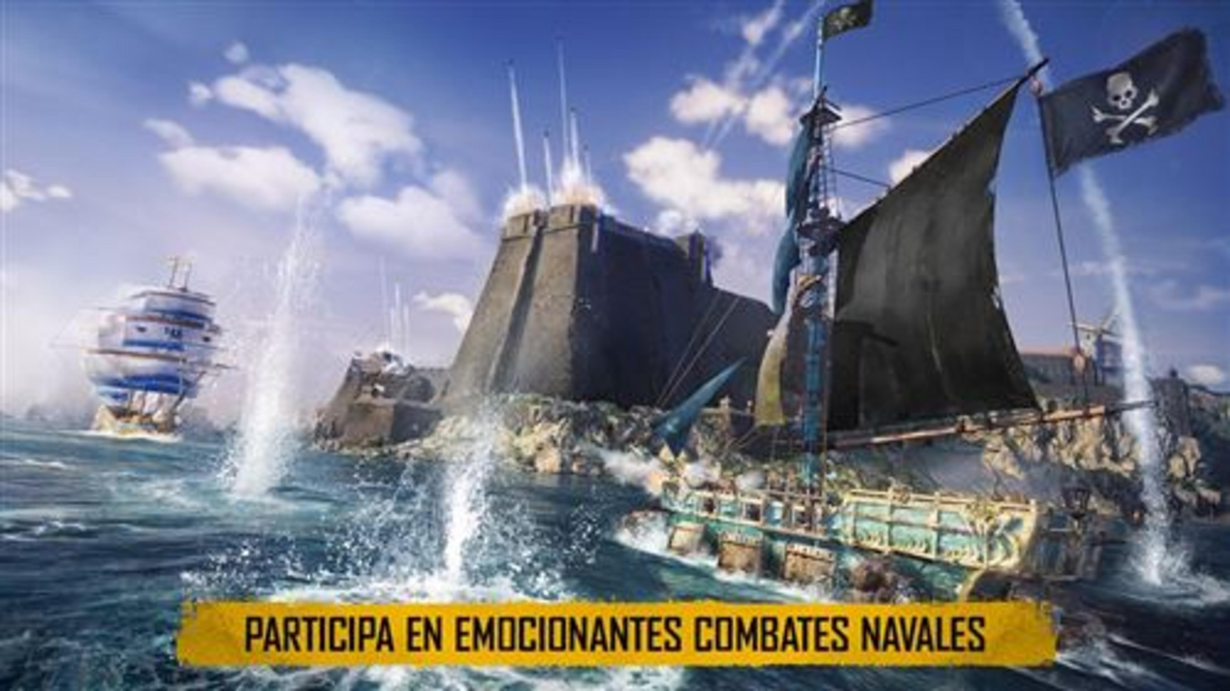 Bandera pirata ondea sobre barcos en batalla naval cerca de fortaleza. Agua salpica.