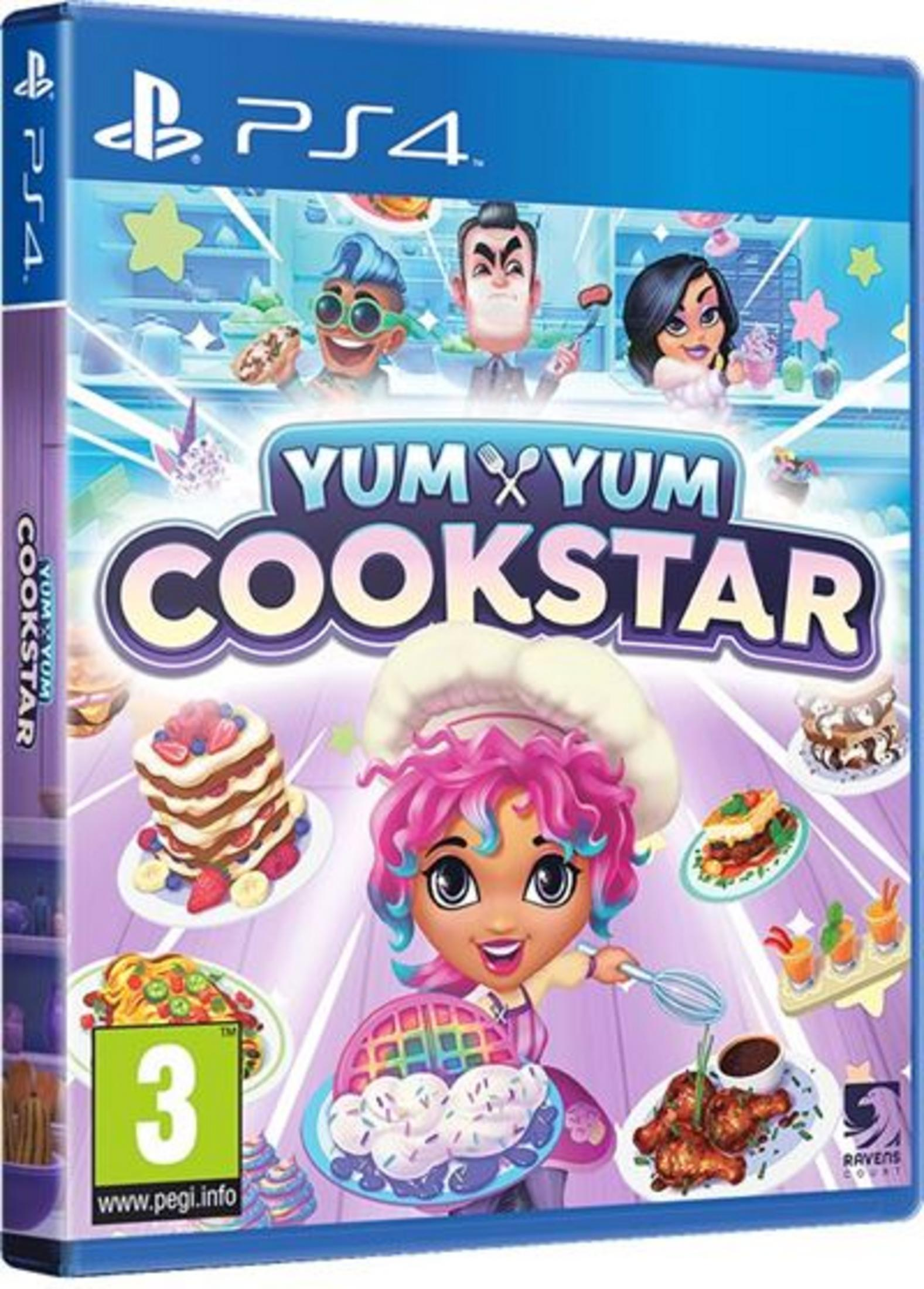 Portada de juego PS4 para Yum Yum Cookstar con chefs y comida de dibujos animados.