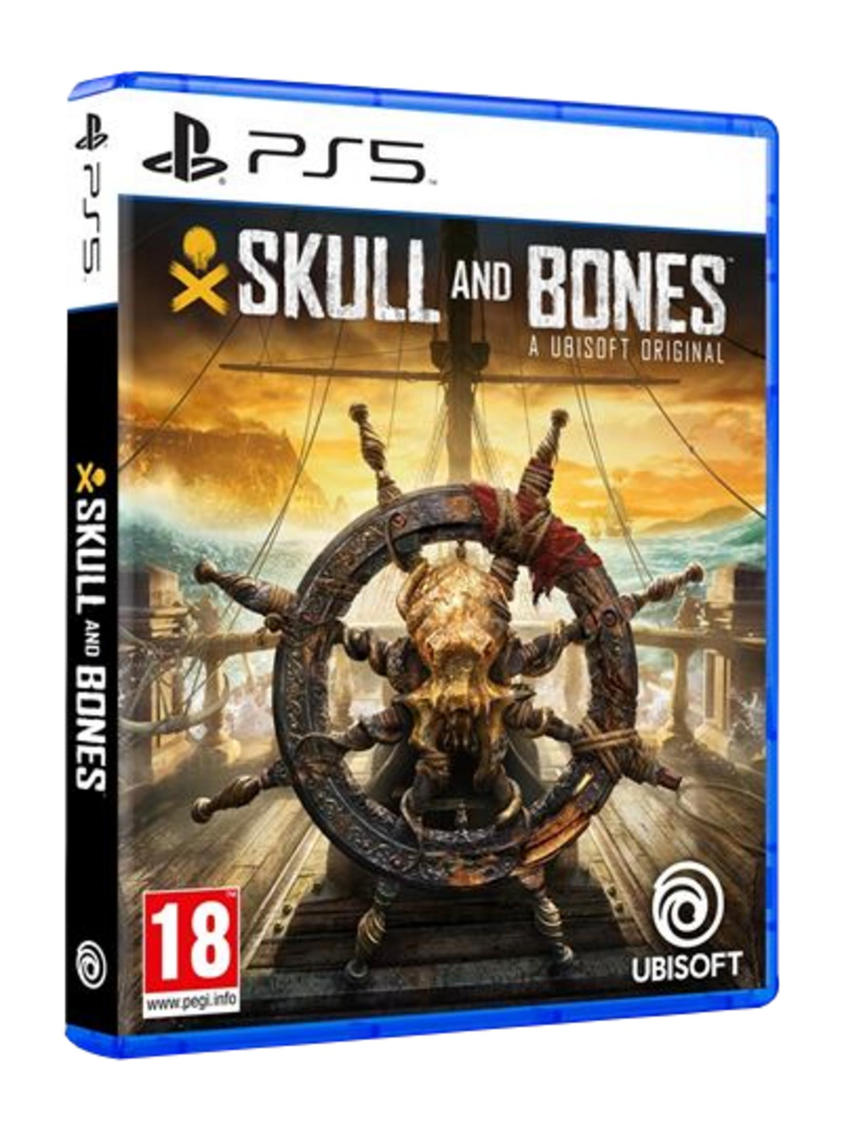Caja de juego PS5 con timón de calavera, temática pirata y clasificación 18.