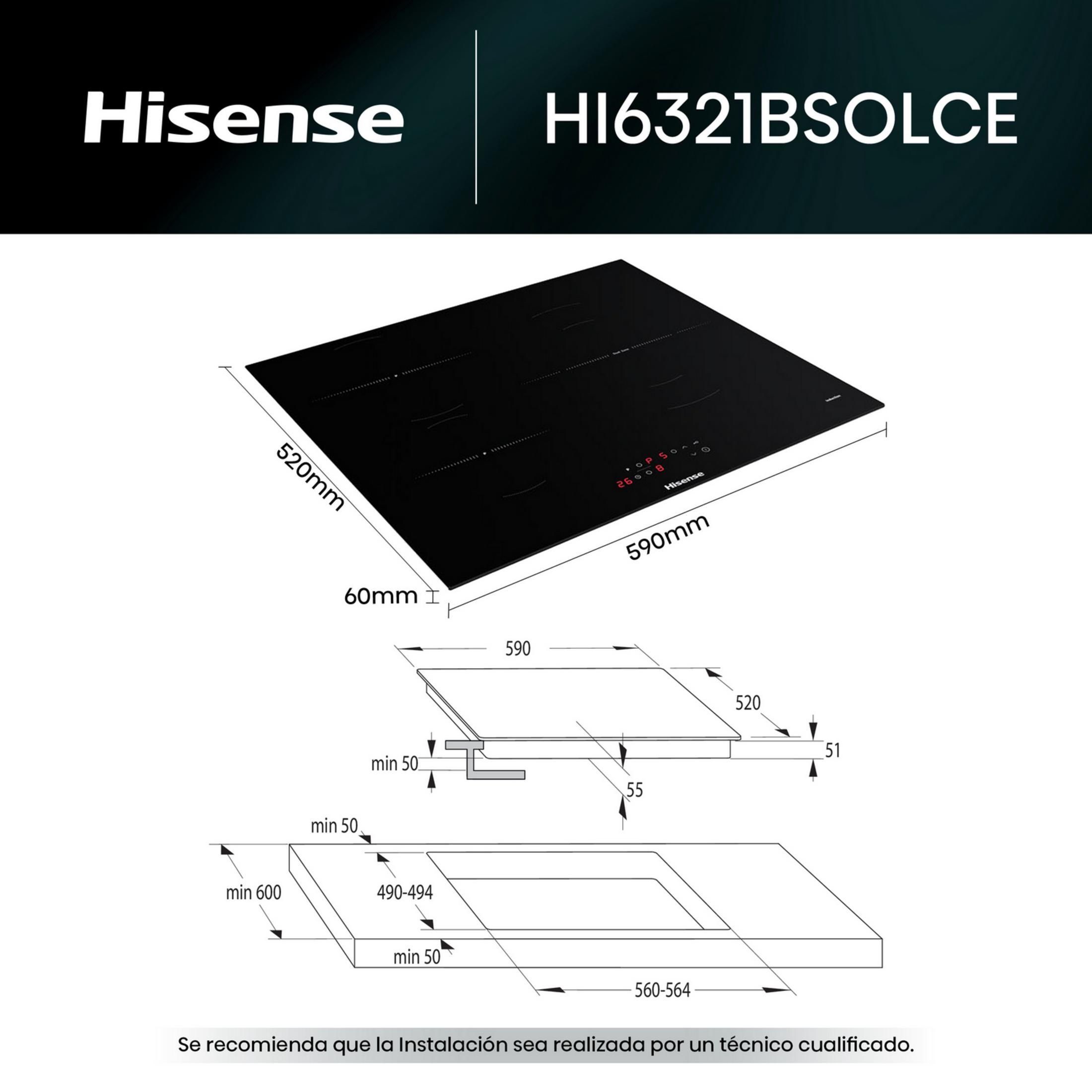 Placa de inducción Hisense con dimensiones y detalles de instalación.