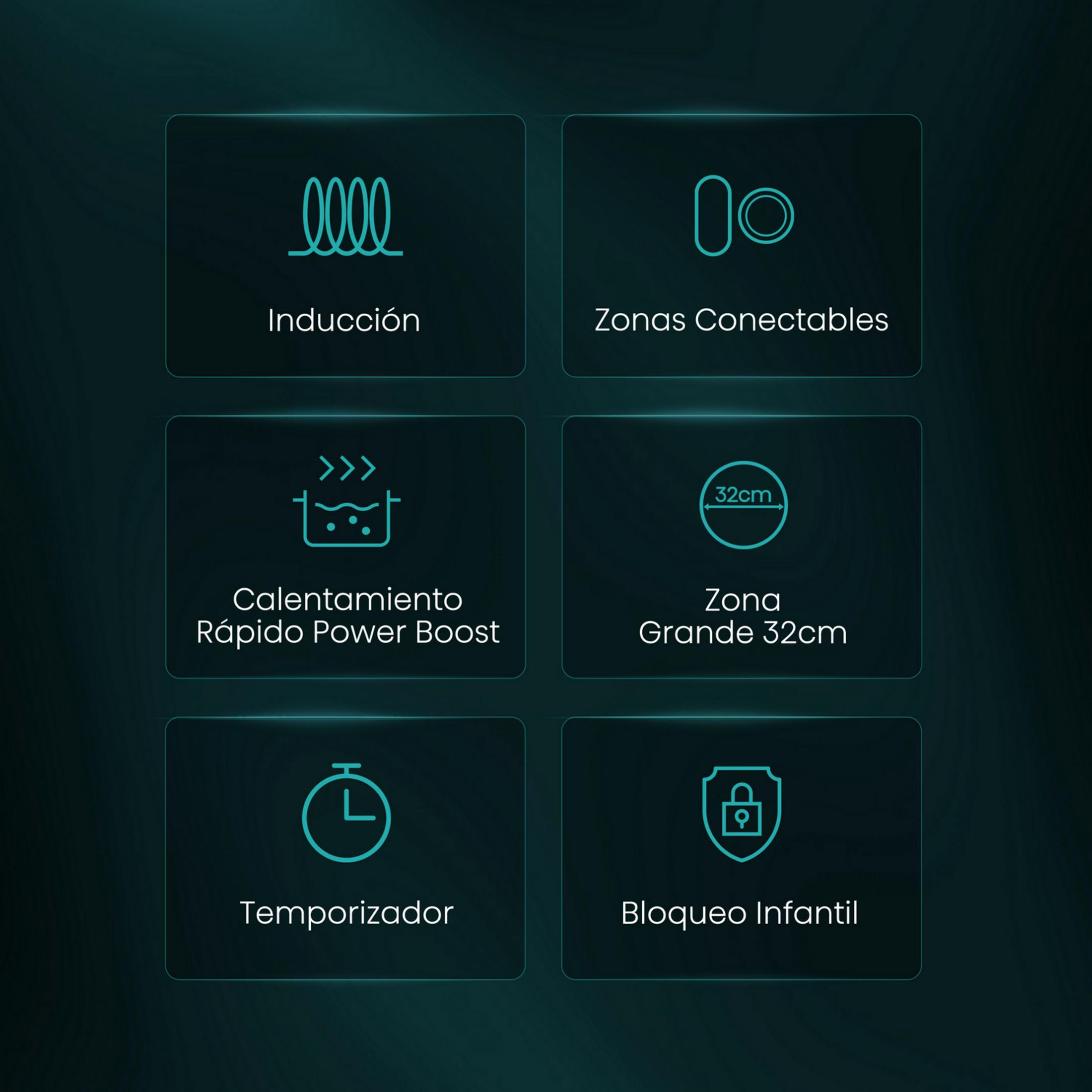 Seis iconos muestran funciones de cocina: inducción, zonas, booster, zona grande, temporizador, seguro.