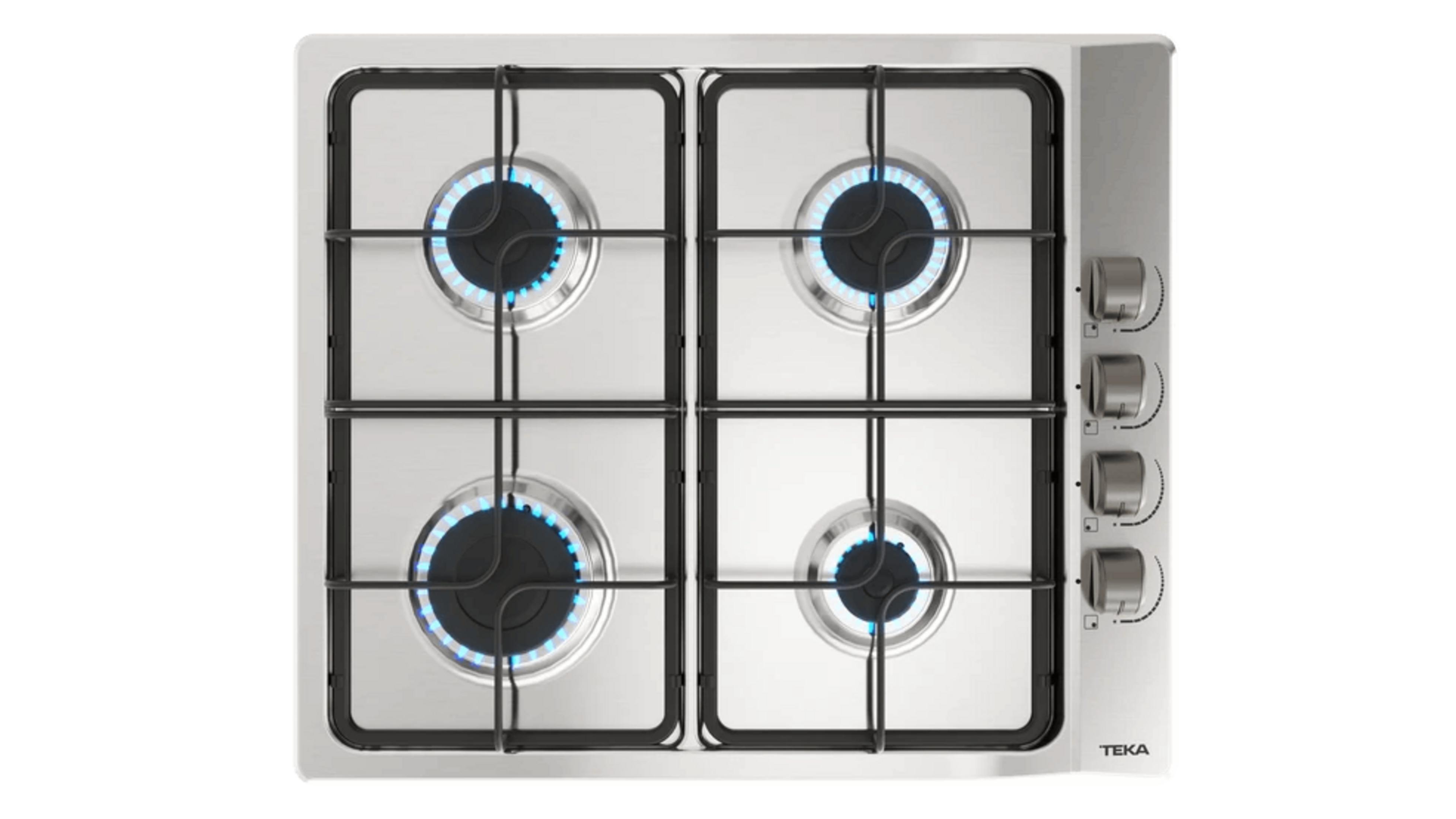 Encimera de gas de acero inoxidable con cuatro quemadores, dos encendidos.