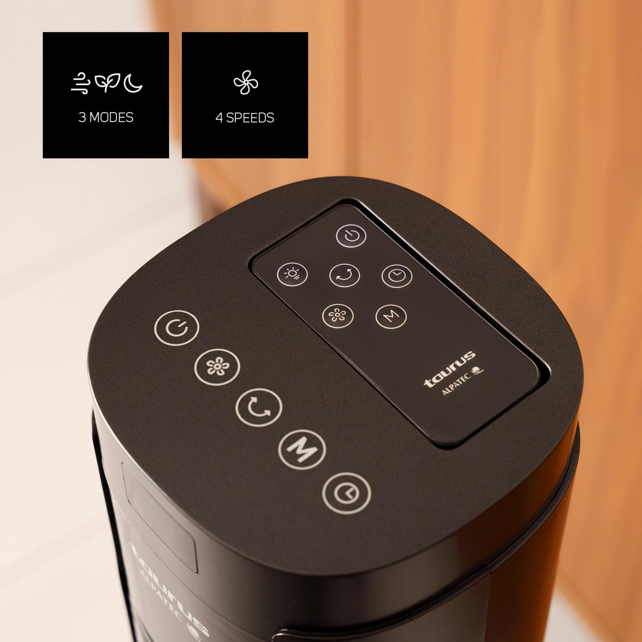 Vista superior de un ventilador de torre negro con botones de control e iconos para 3 modos y 4 velocidades.