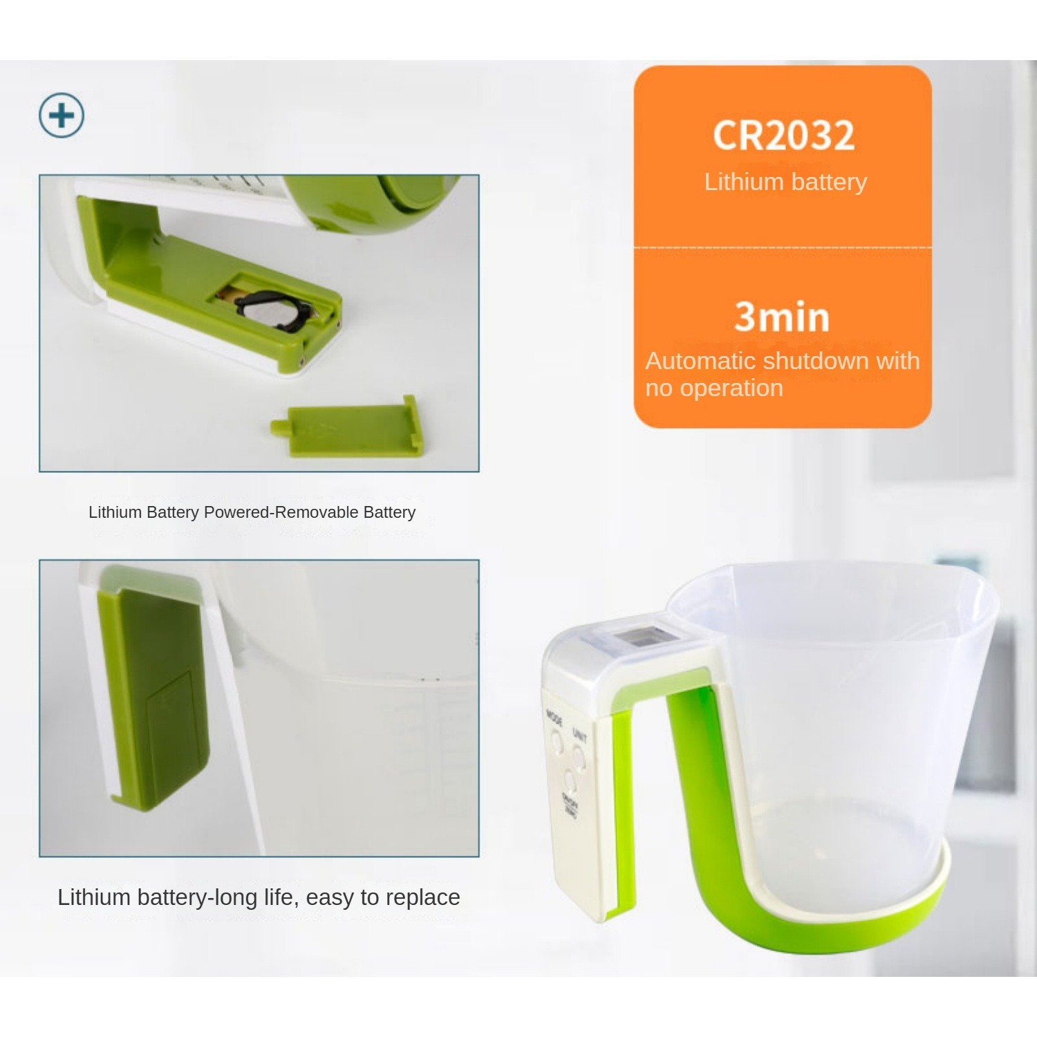 Messbecher mit integrierter Digitalwaage, Lithiumbatterie, CR2032.