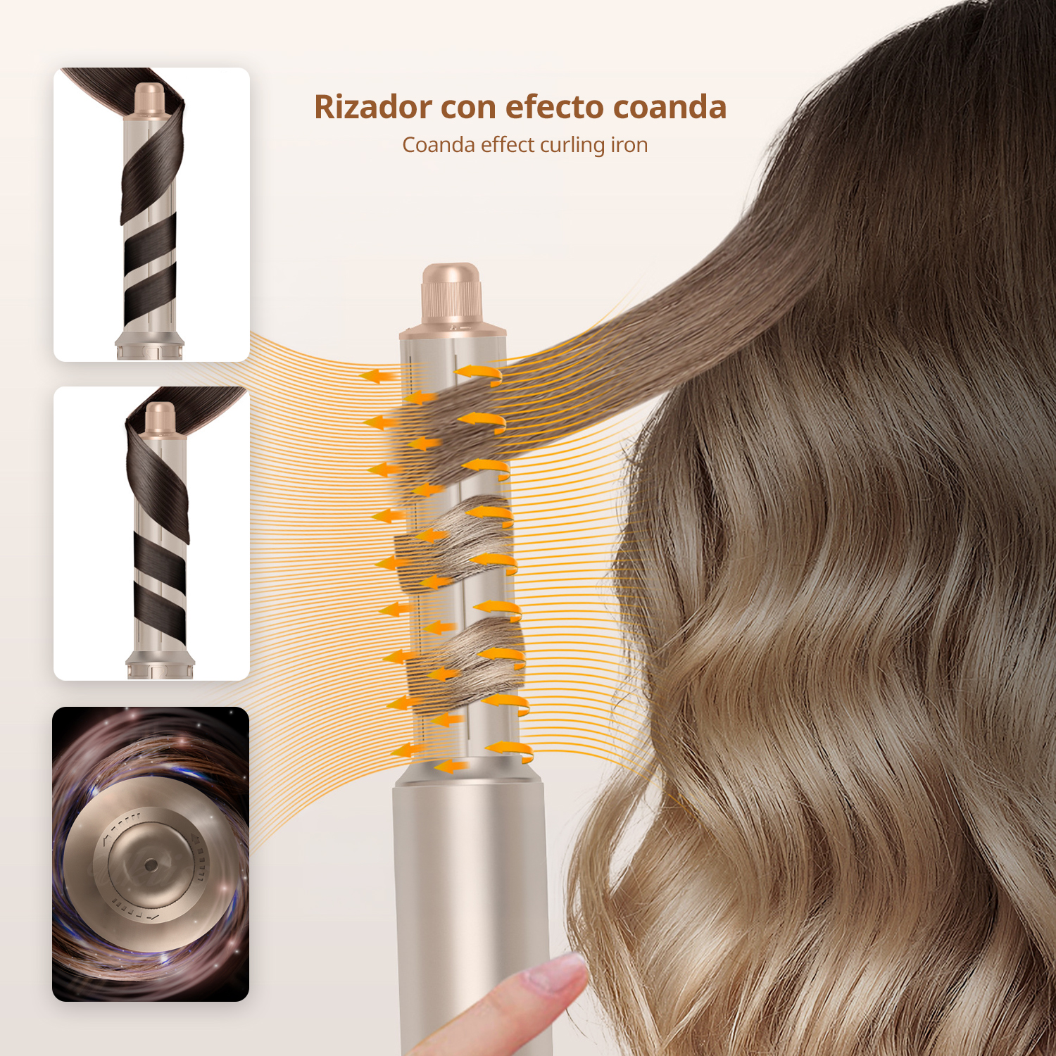Ein Lockenstab mit Coanda-Effekt, der Haare lockt. Kleine Bilder zeigen den Stab und das Ergebnis.