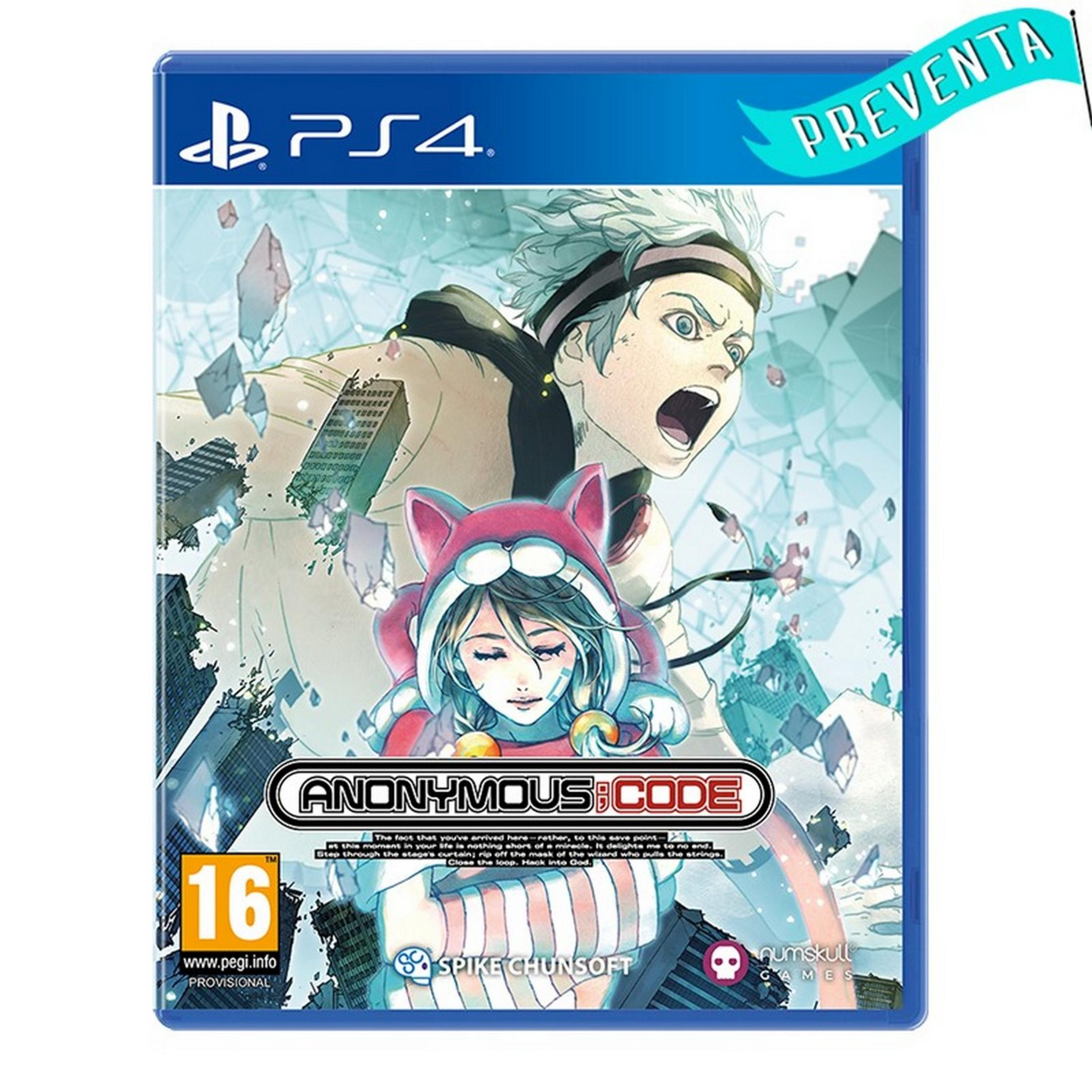 Copertina gioco PS4 per Anonymous;Code con due personaggi anime e testo. Bandiera "PREVENTA" in alto a destra.