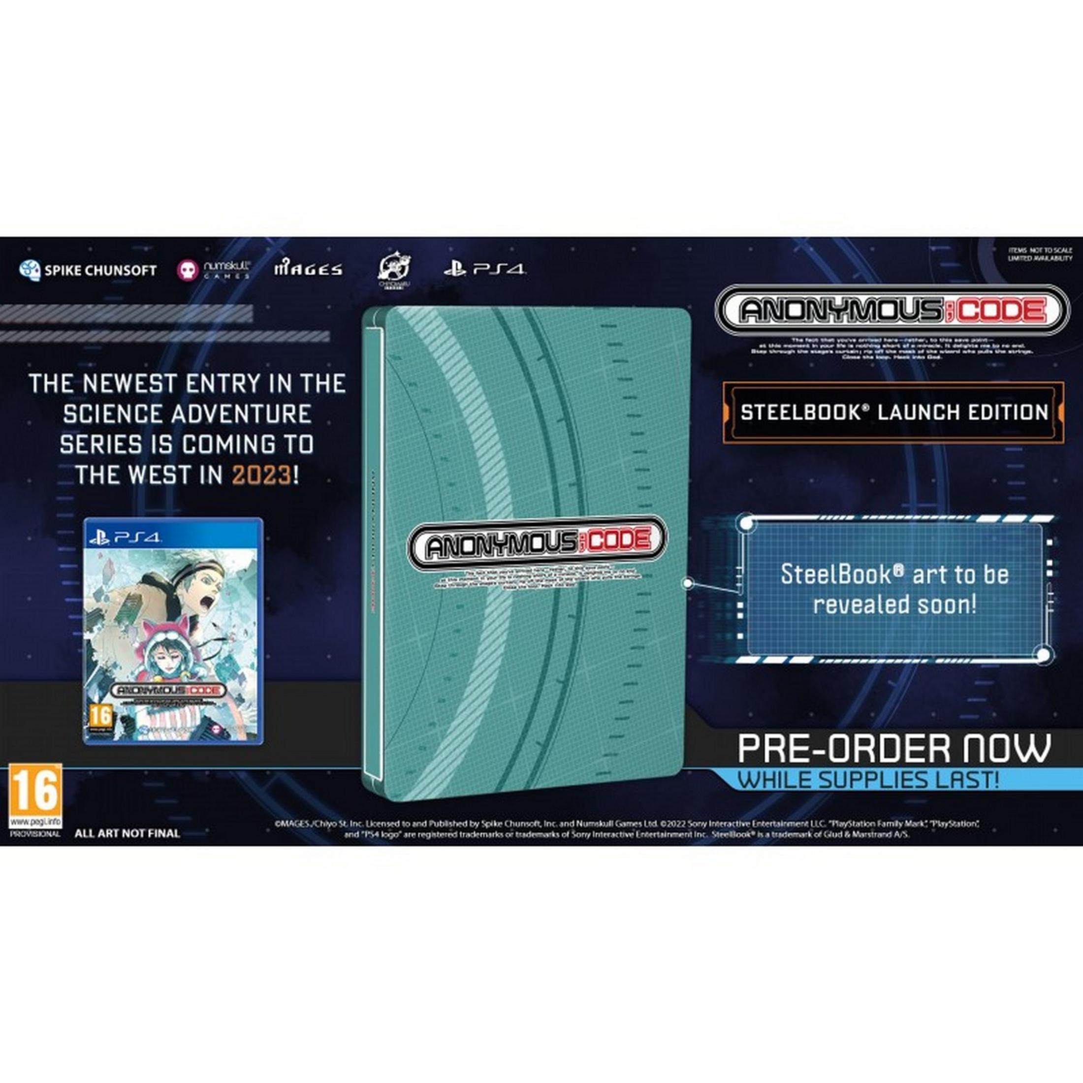 Banner promozionale per il gioco ANONYMOUS;CODE, con custodia PS4 e Steelbook.