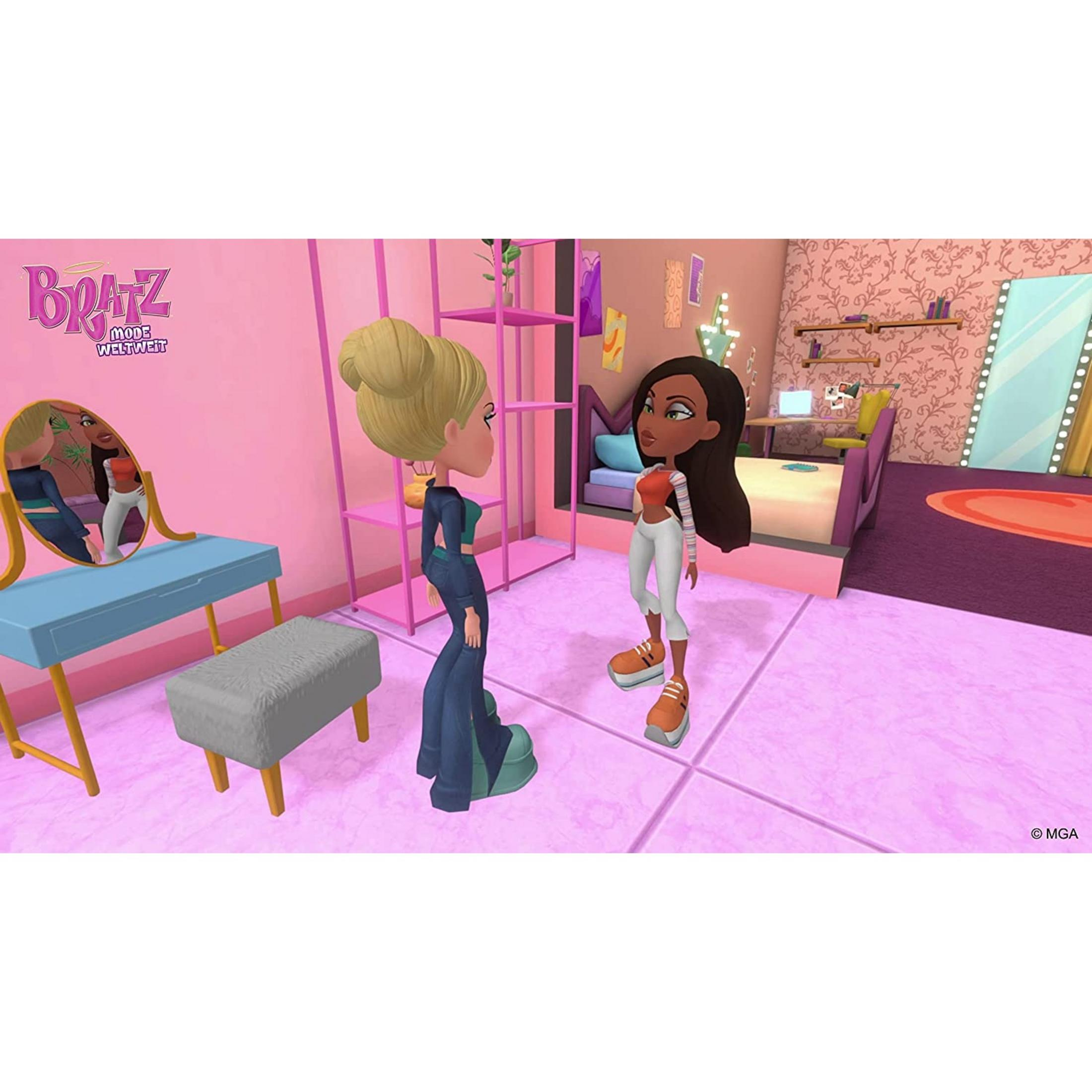 Twee Bratz-poppen in een roze kamer met spiegel, kaptafel en bed.