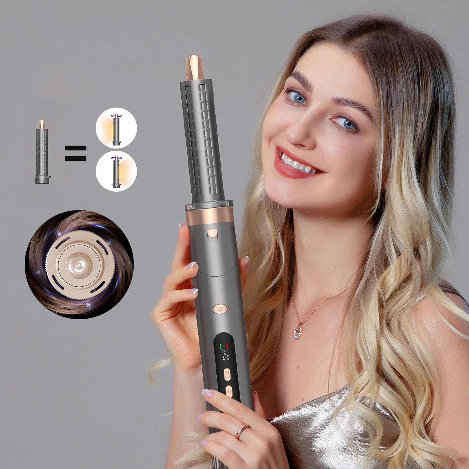 Donna tiene arricciacapelli, con accessori e grafica a vortice.
