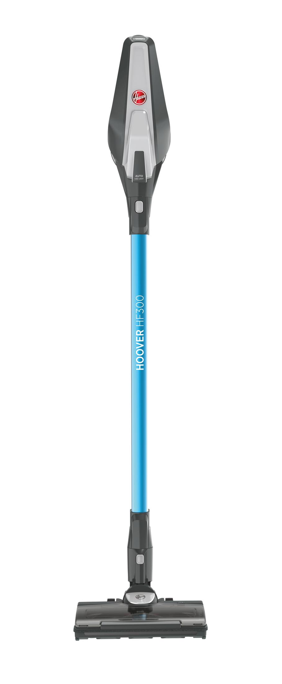 Un aspirapolvere senza fili Hoover blu con manico argentato e testina spazzola nera.