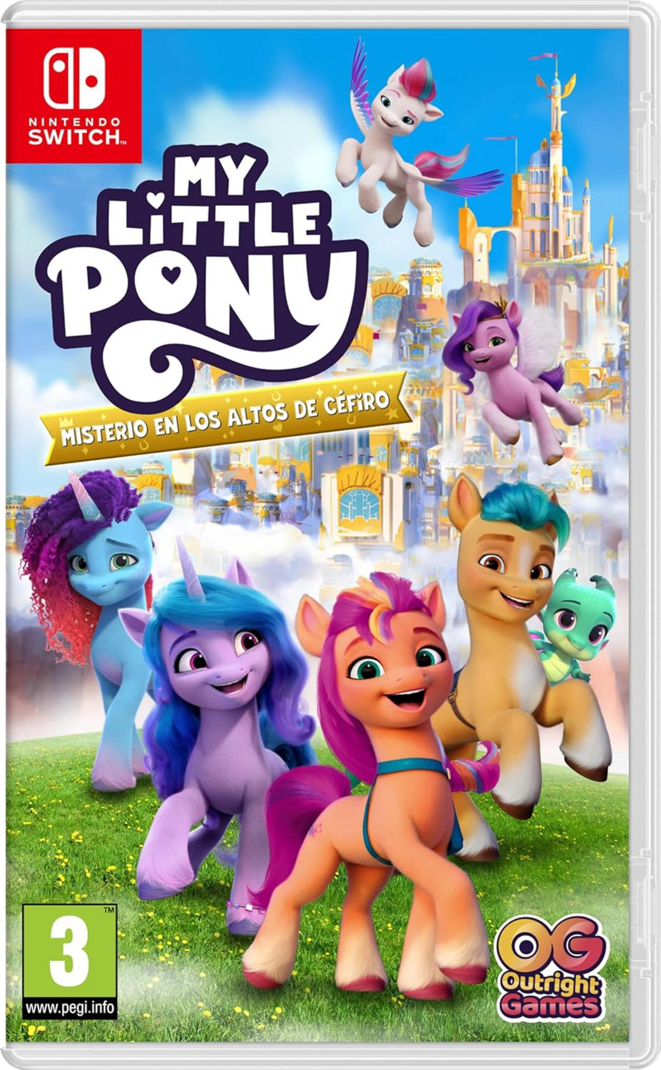 Cinque pony e un drago neonato su un prato verde davanti a una città.