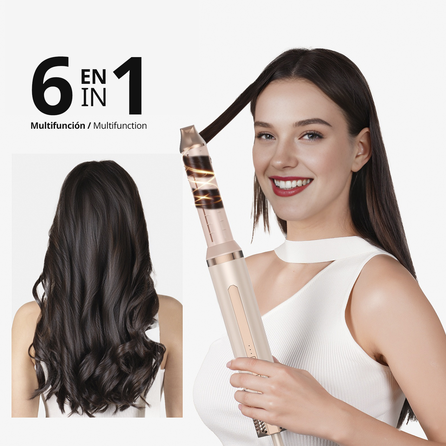 Eine Frau mit langen dunklen Haaren benutzt ein 6-in-1-Haarstylinggerät.
