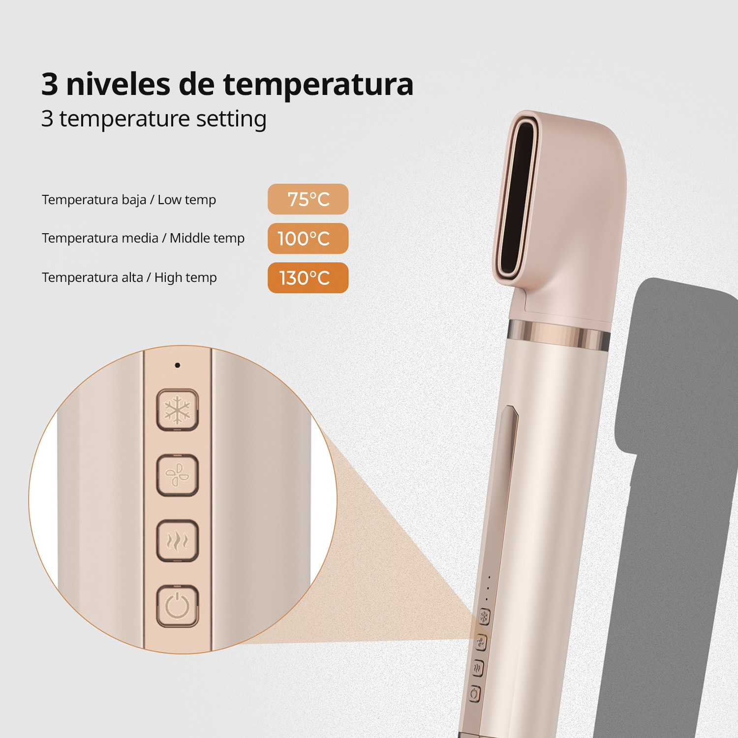 Ein roségoldener Haartrockner mit 3 Temperatureinstellungen: 75°C, 100°C, 130°C.