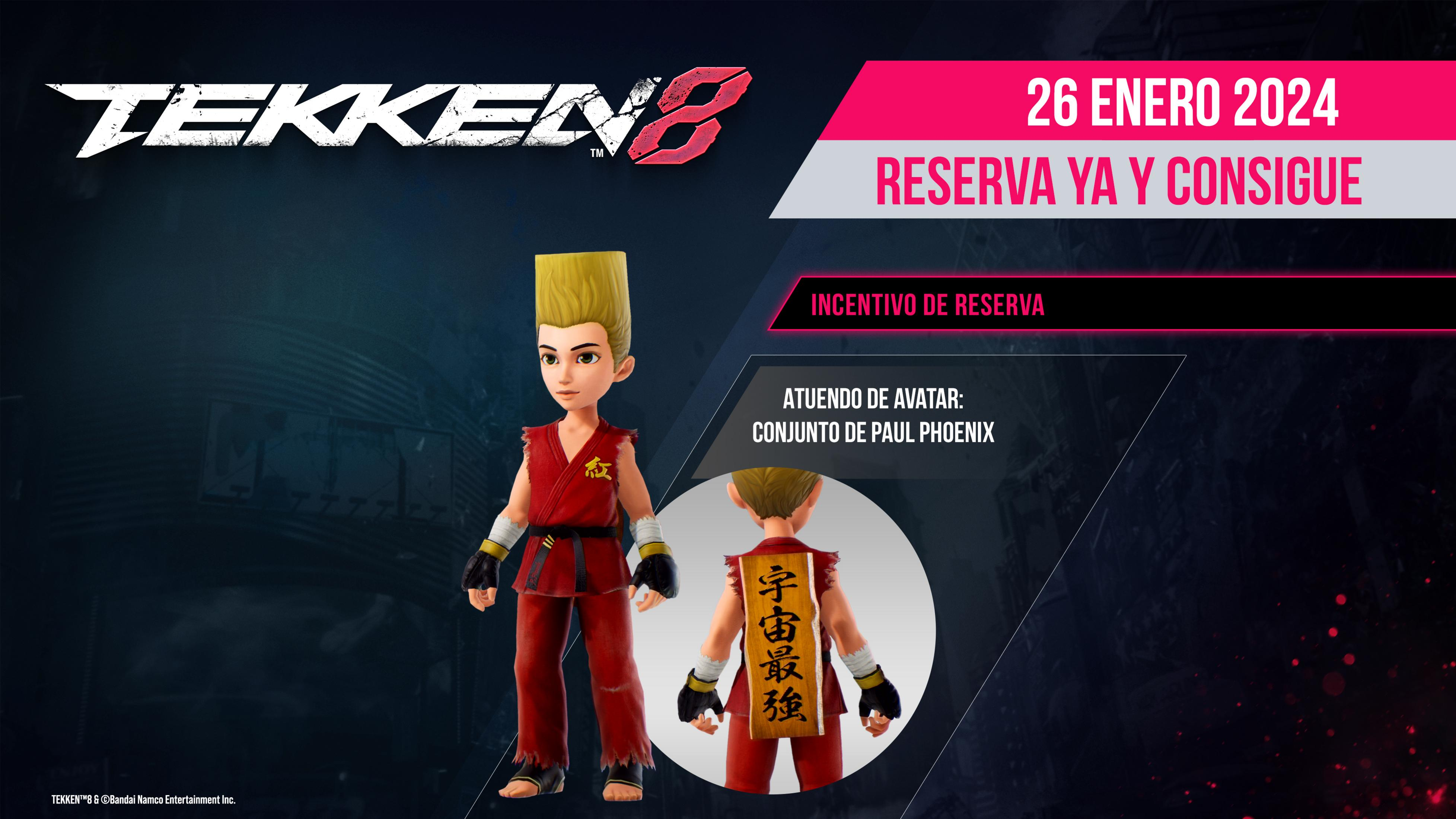 Diseño de personaje Tekken 8: Atuendo Paul Phoenix. Traje rojo con caracteres japoneses.