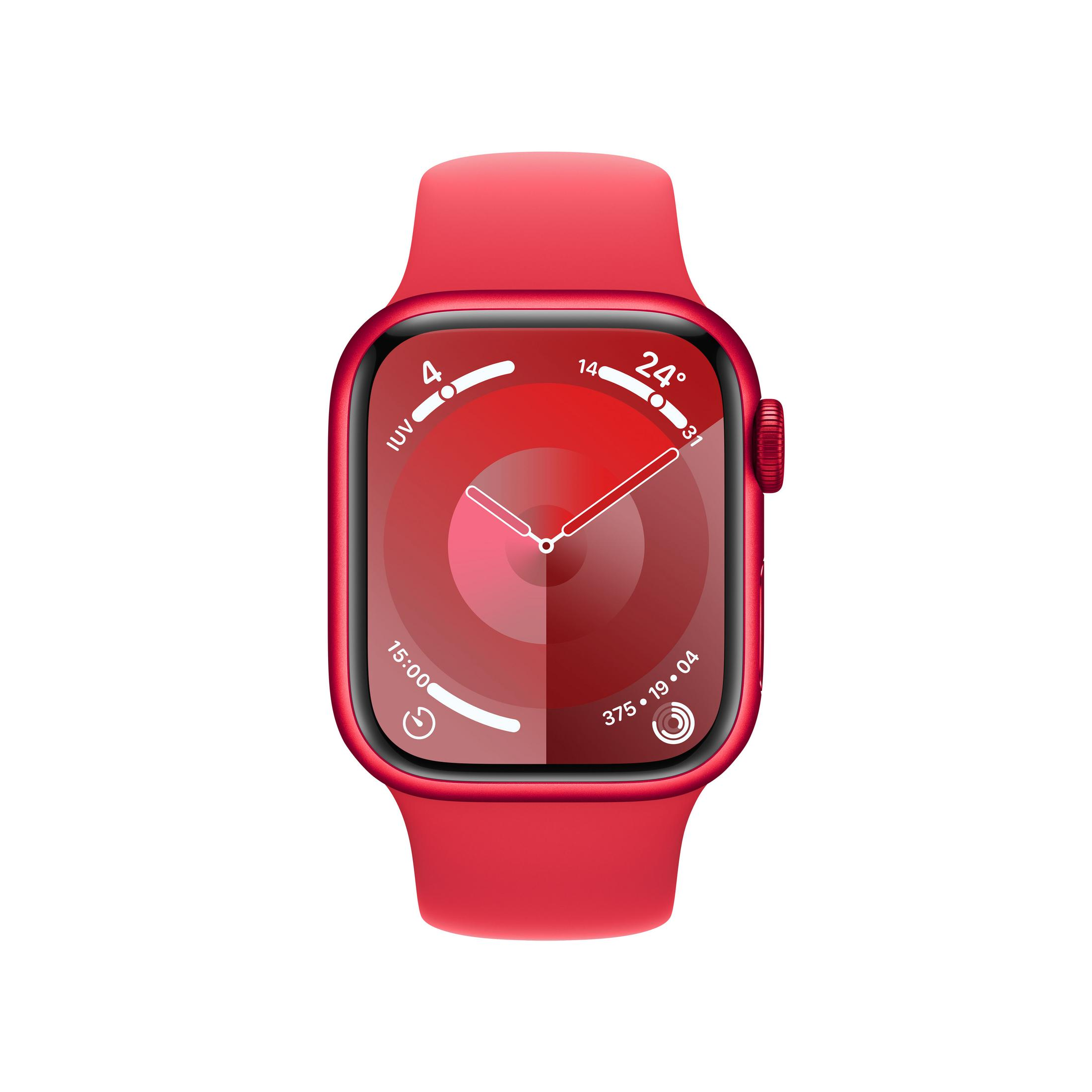 Uno smartwatch rosso che mostra 24 gradi e le 15:00 sul quadrante.