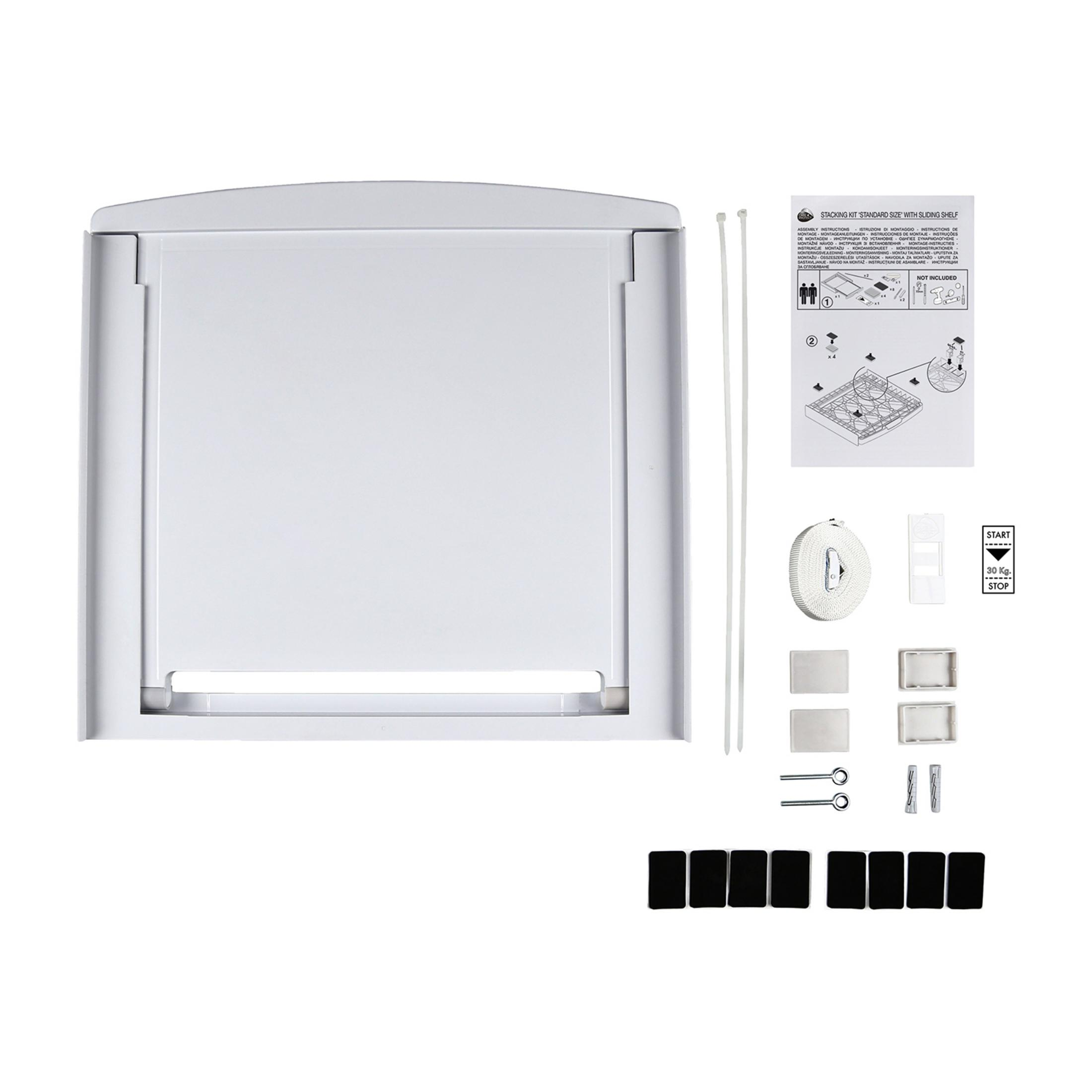 Un kit de apilamiento de estantes blanco con instrucciones, bridas y herrajes.