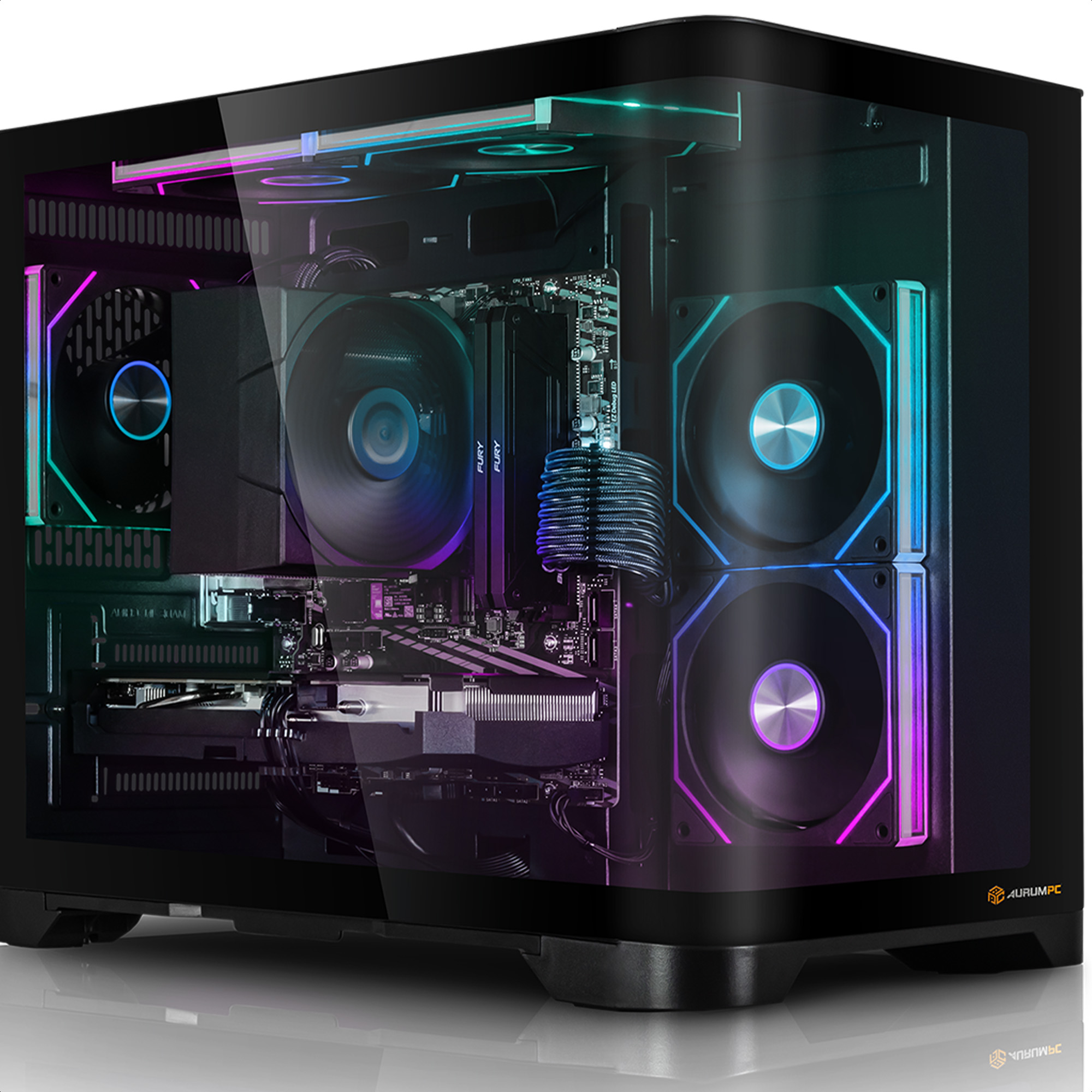 Un case per PC nero con pannello laterale in vetro che mostra componenti interni e illuminazione RGB.