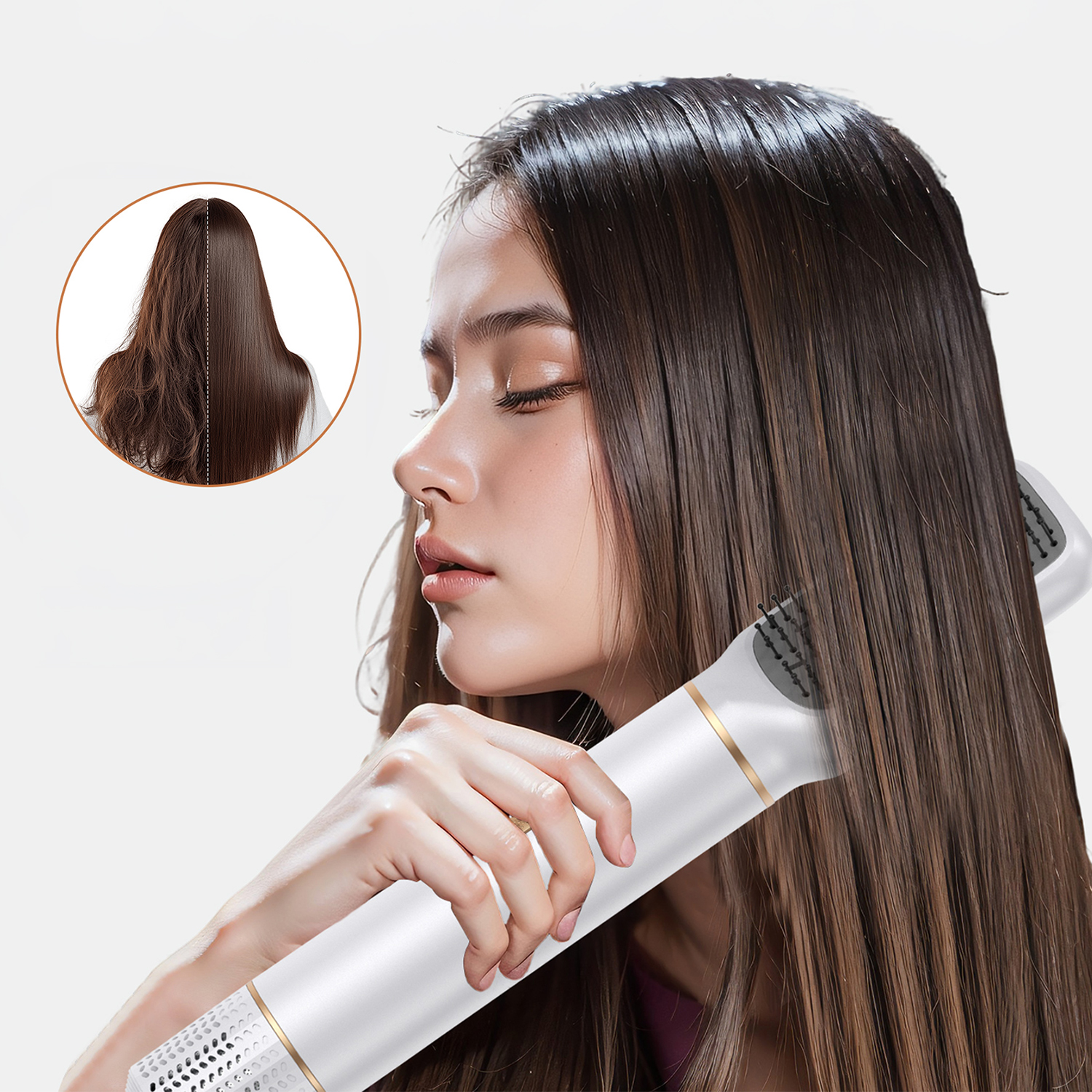 Eine Frau mit dunklem Haar benutzt einen weißen Haartrocknerbürsten-Styler.