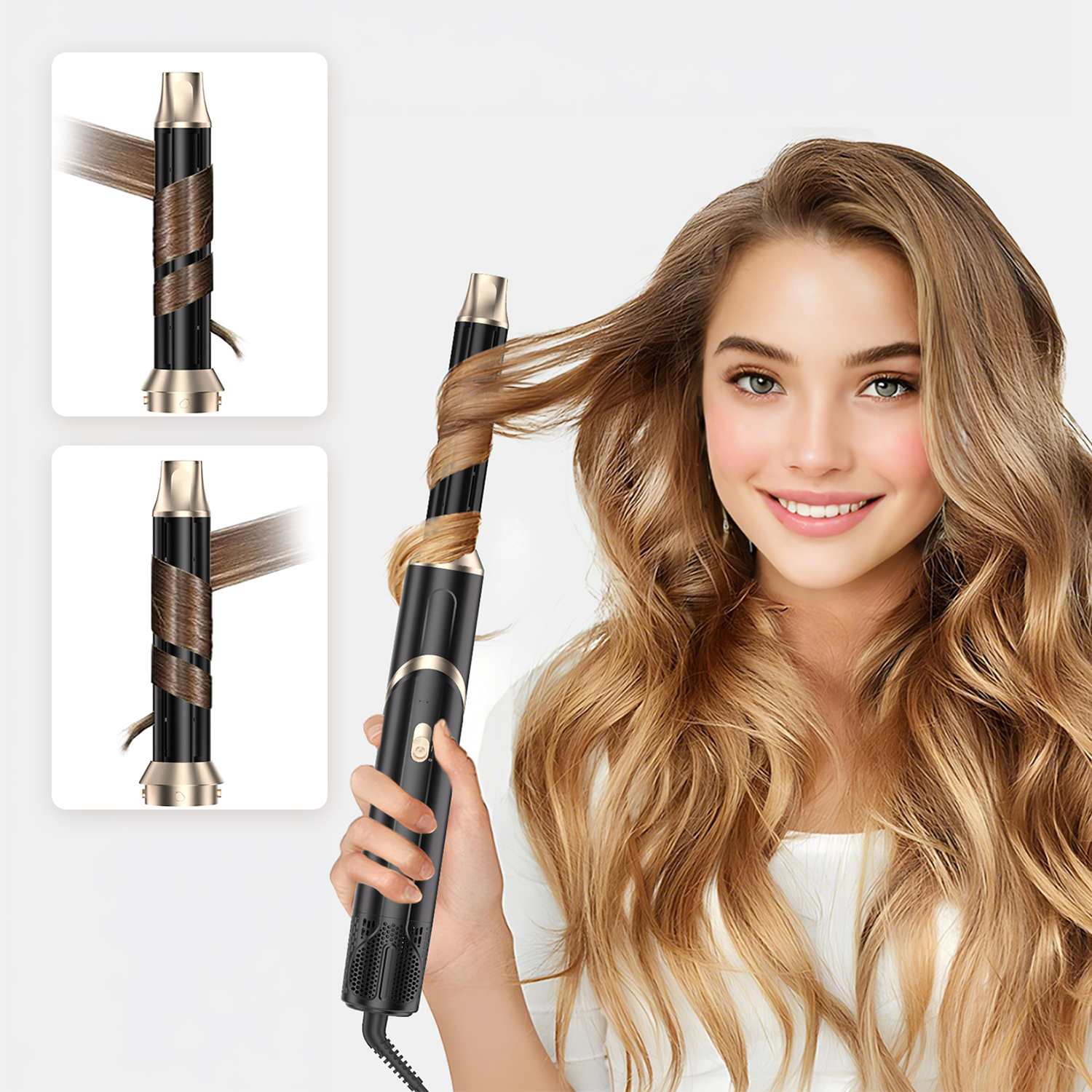 Eine Frau mit langen Haaren hält einen automatischen Lockenstab, der eine Haarsträhne lockt.