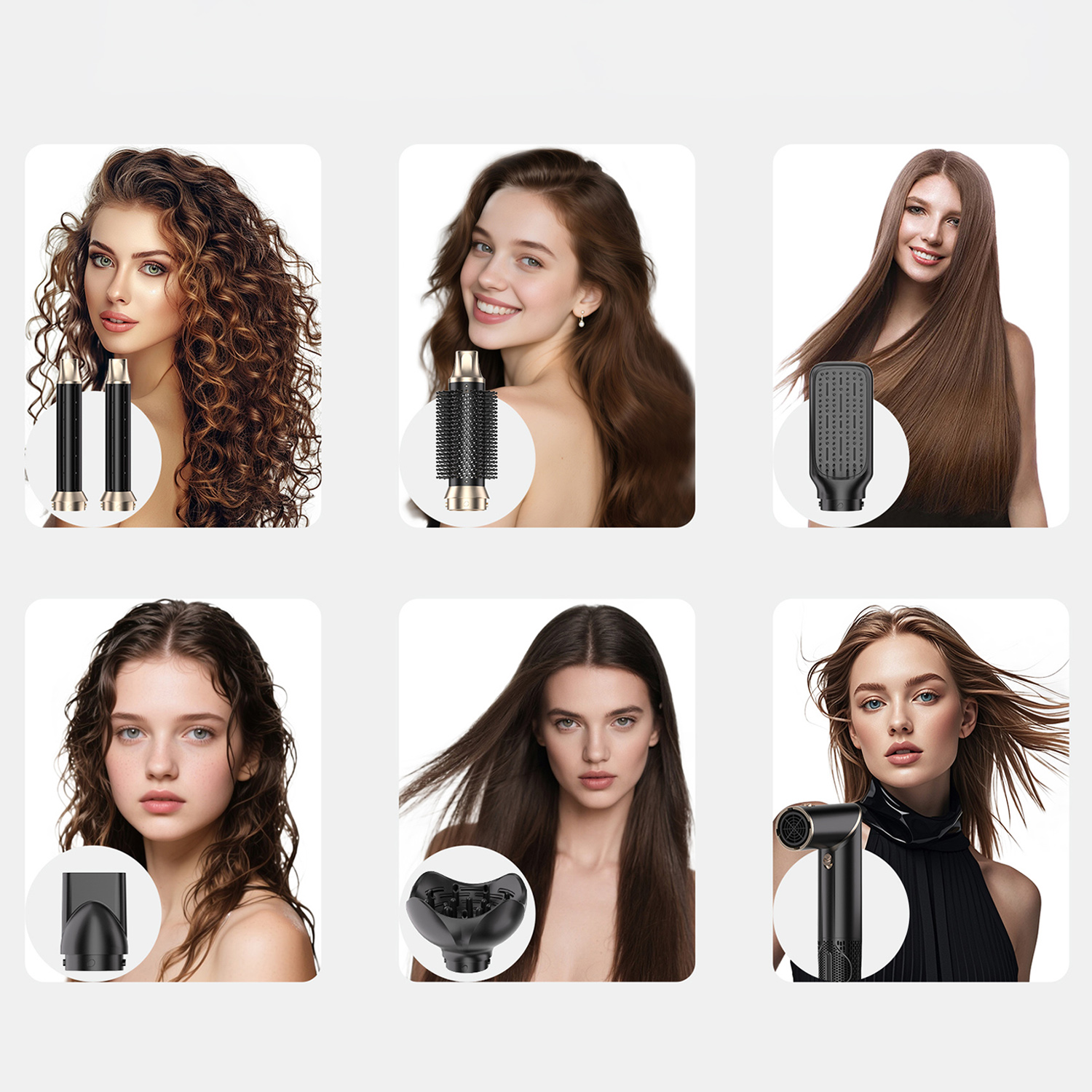 Frauen mit verschiedenen Frisuren und Haartrockner-Aufsätzen.