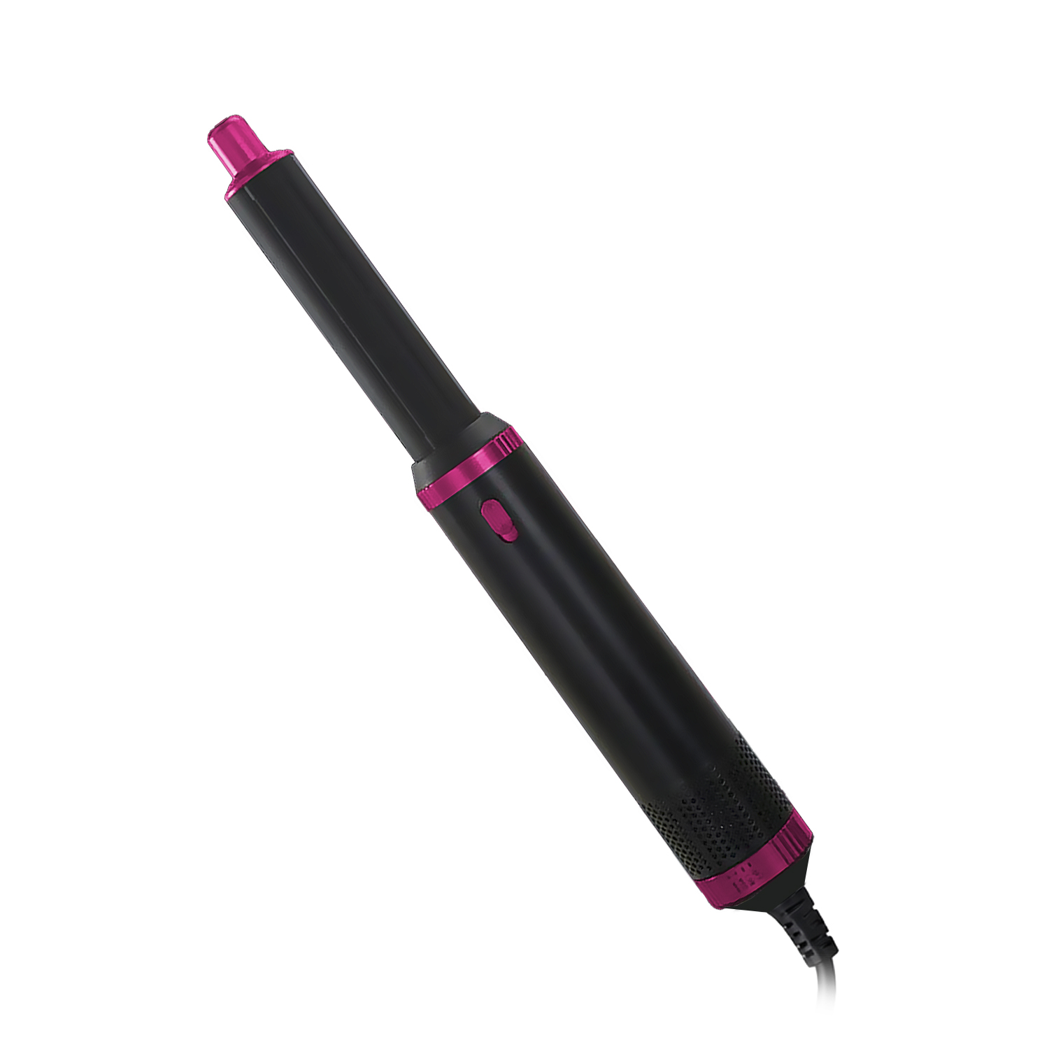 Ein schwarzer Haartrockner mit pinken Akzenten, diagonal auf weißem Hintergrund.