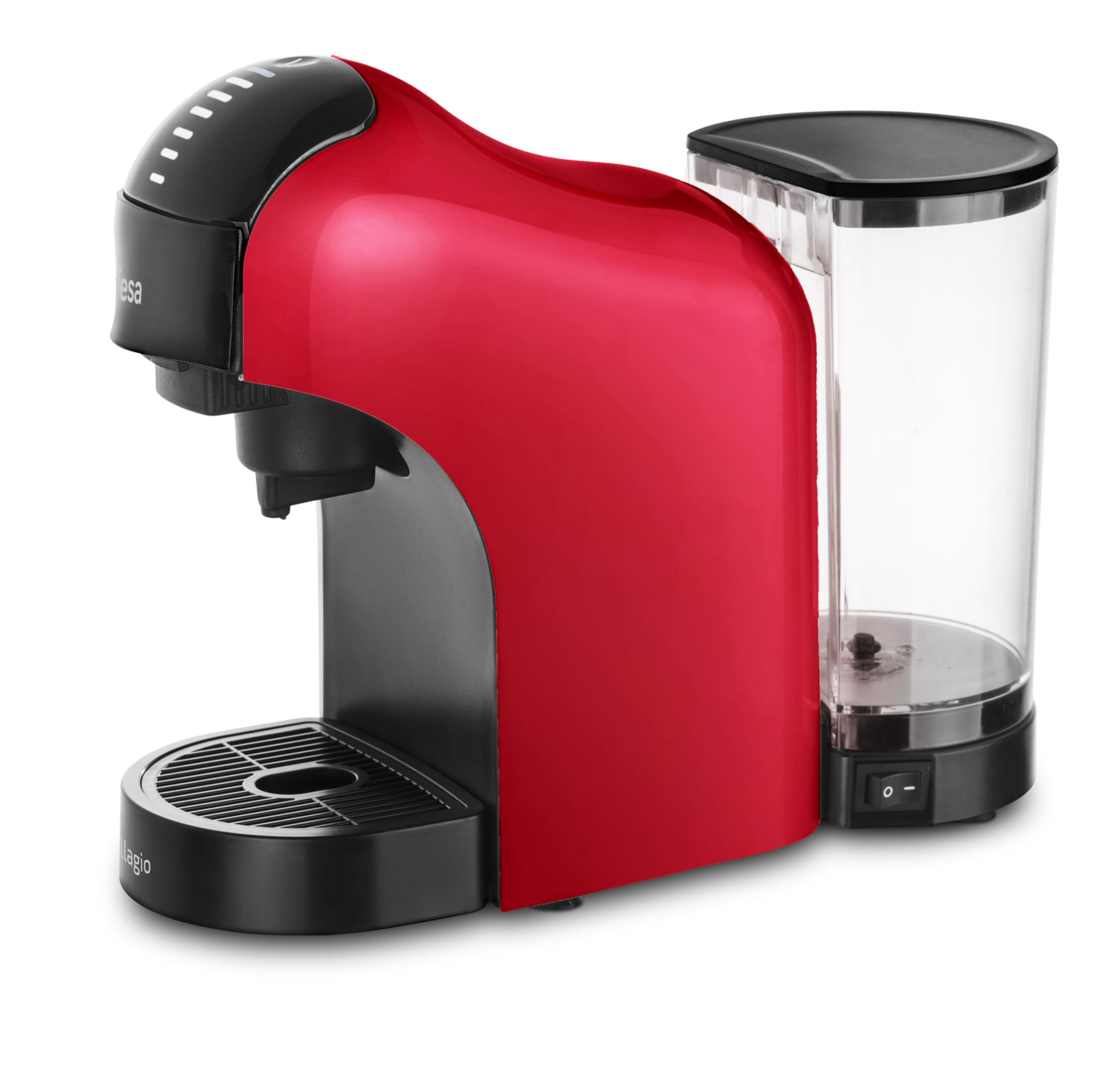 Macchina da caffè rossa con serbatoio dell'acqua nero e vaschetta raccogligocce.