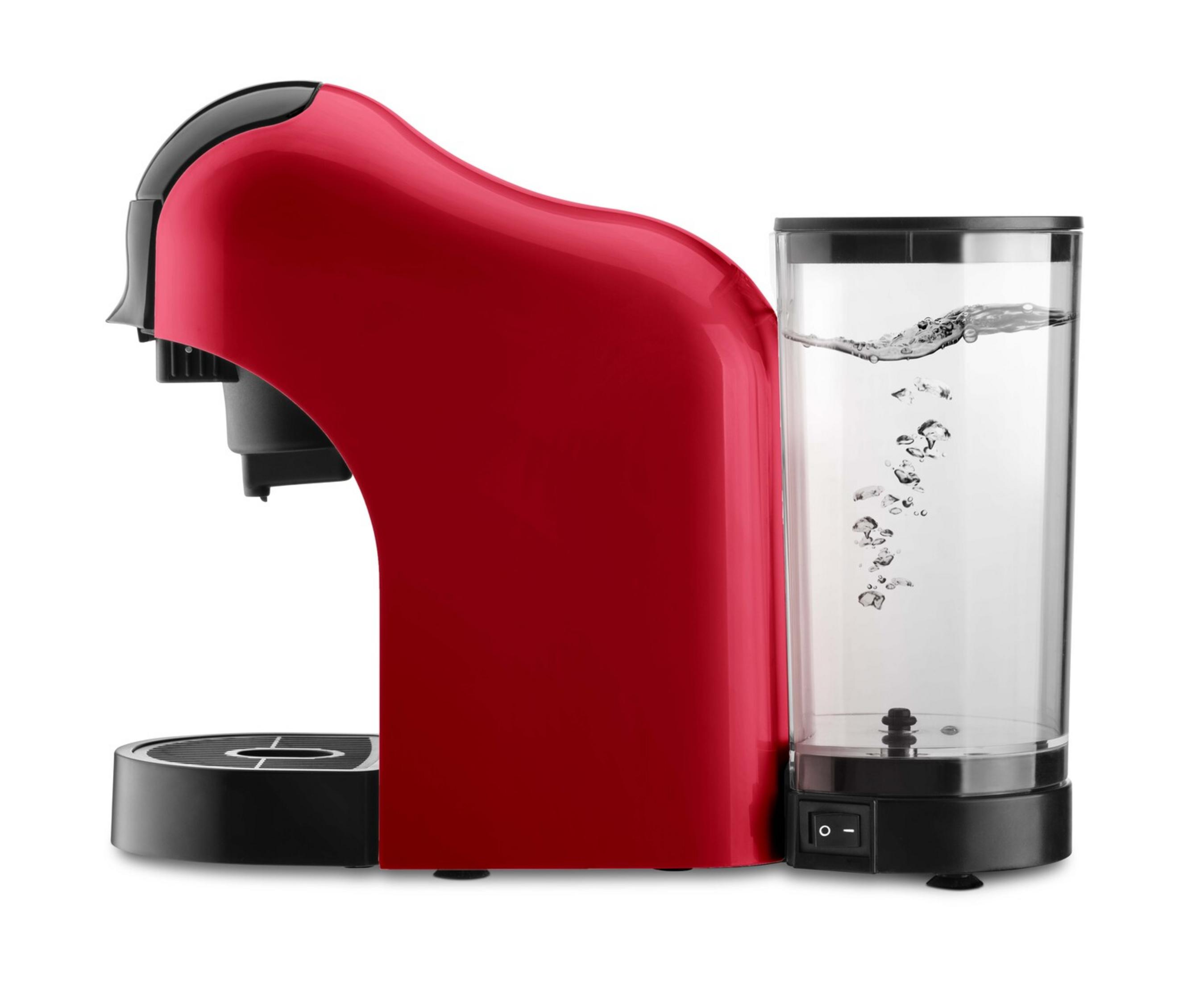 Macchina da caffè rossa con serbatoio dell'acqua trasparente pieno di bolle.