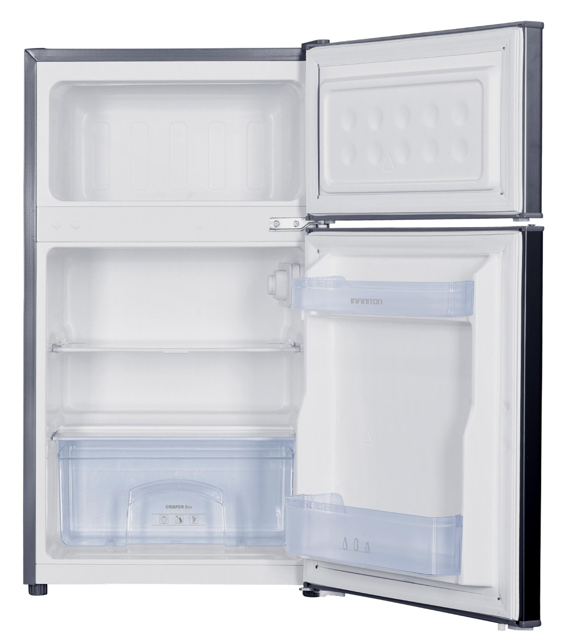 Un refrigerador vacío con puertas abiertas. Estantes y un cajón para verduras a la izquierda.