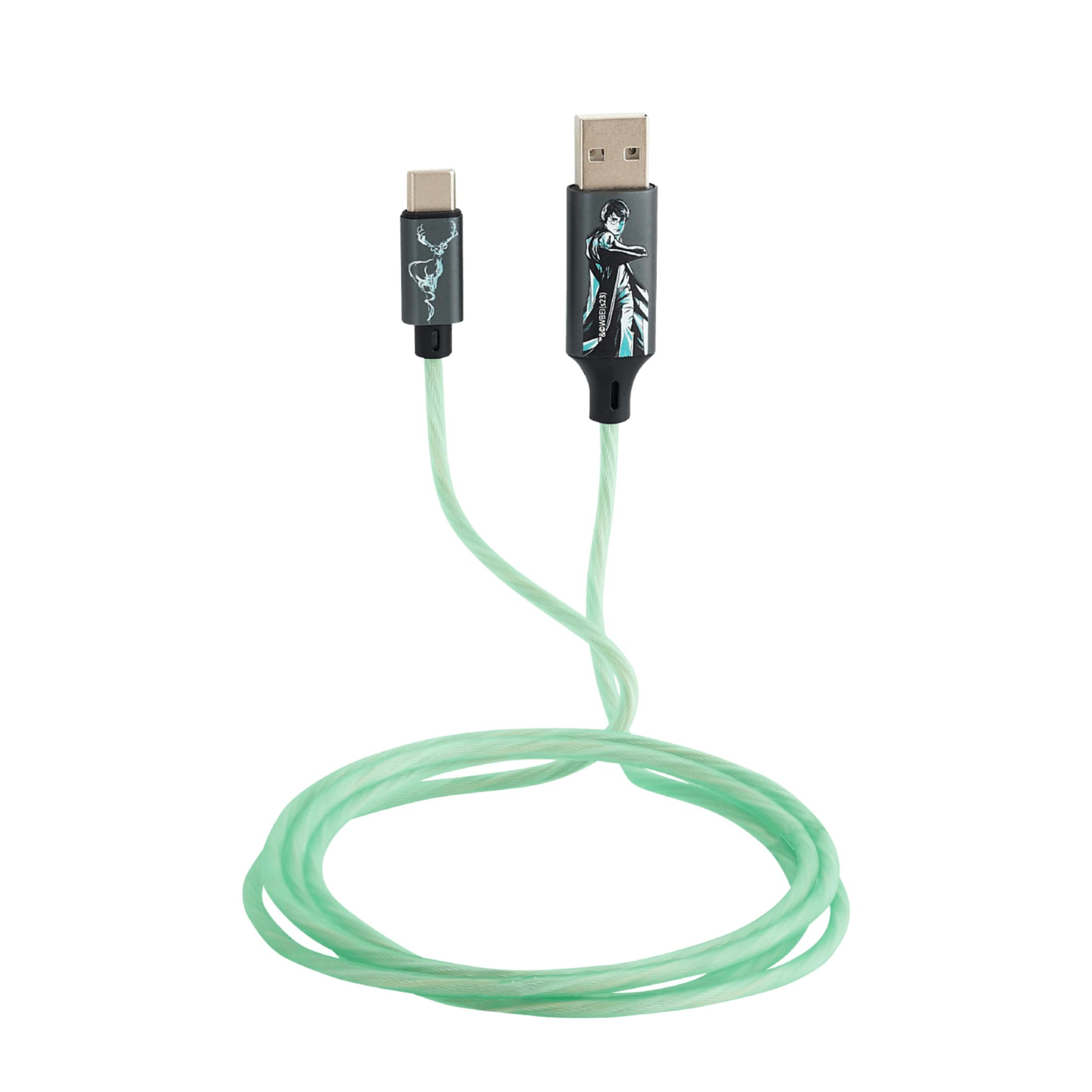 Un cable USB verde claro con diseño de ciervo y Harry Potter.