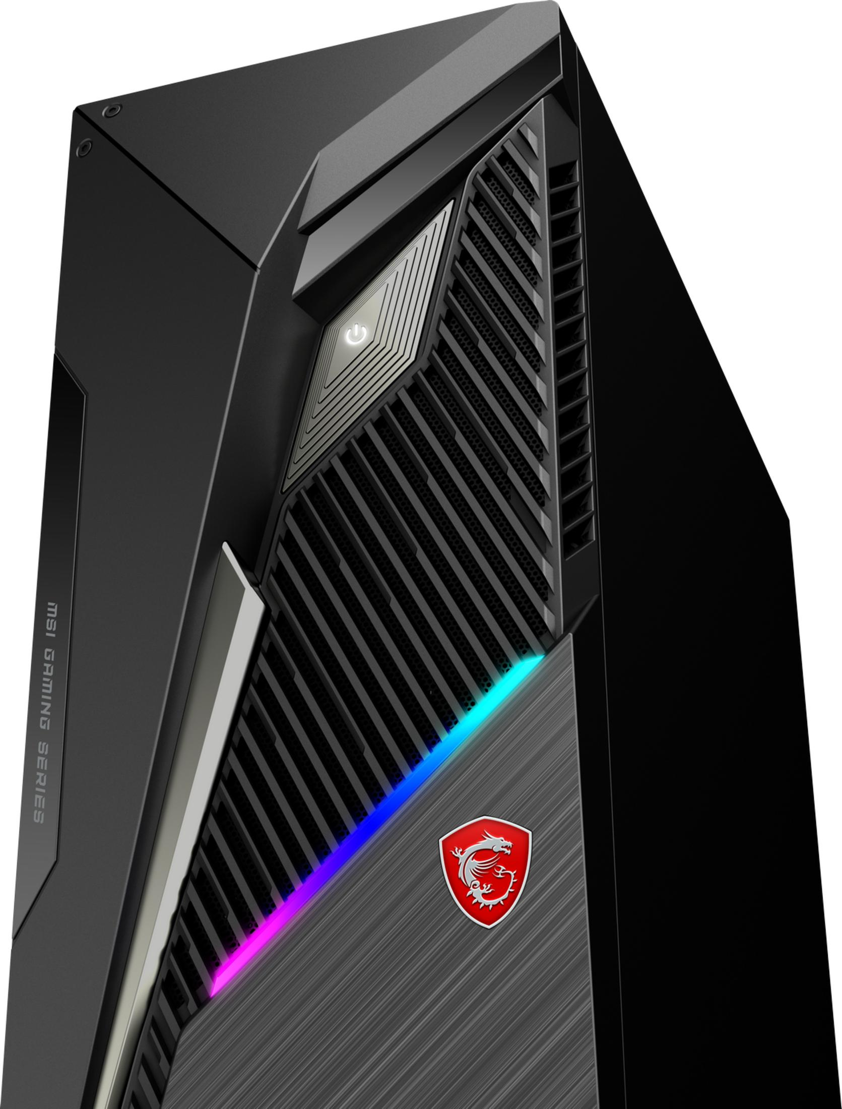 PC gaming negro con logo MSI, botón de encendido y luces azul/moradas.