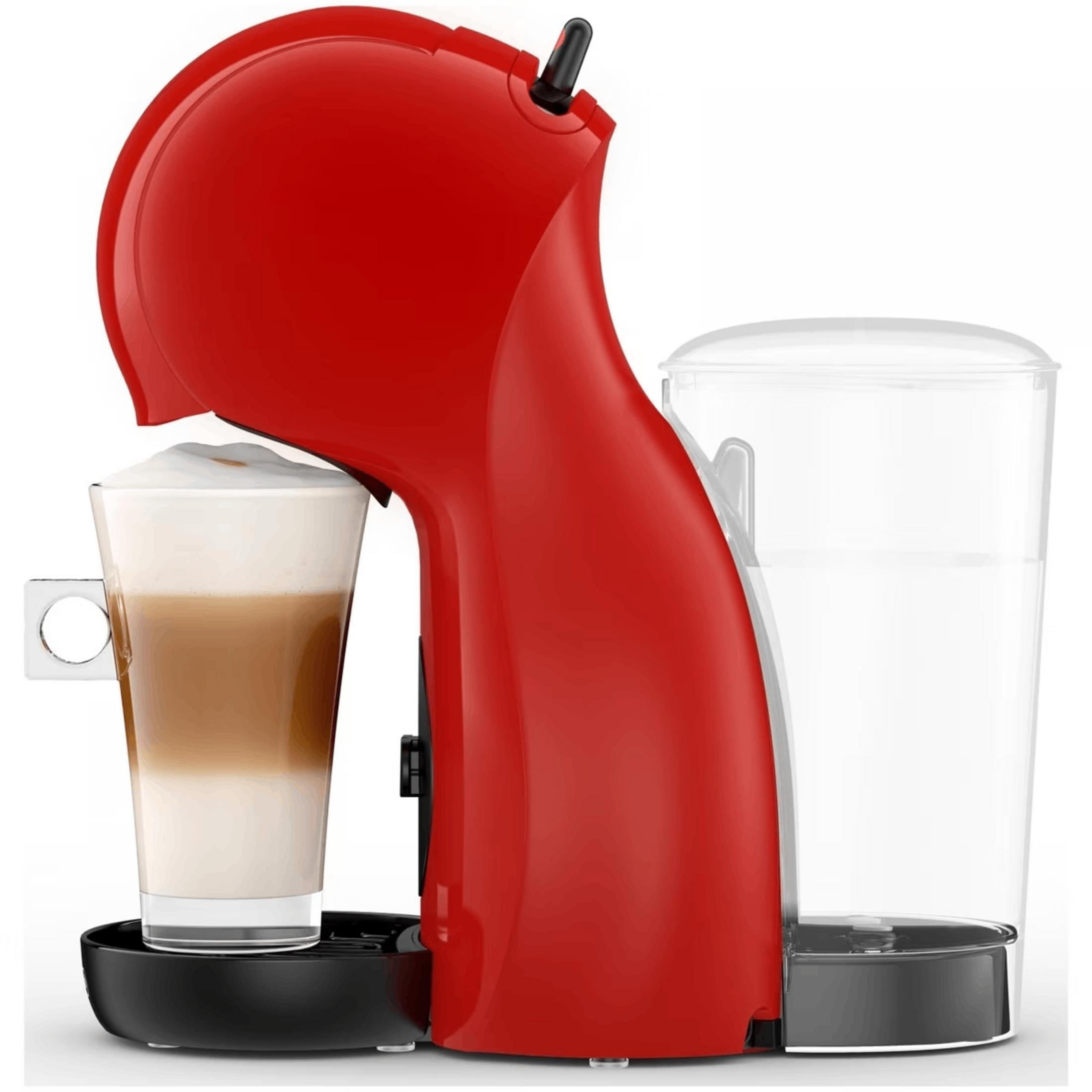 Macchina da caffè rossa con bicchiere e serbatoio acqua.