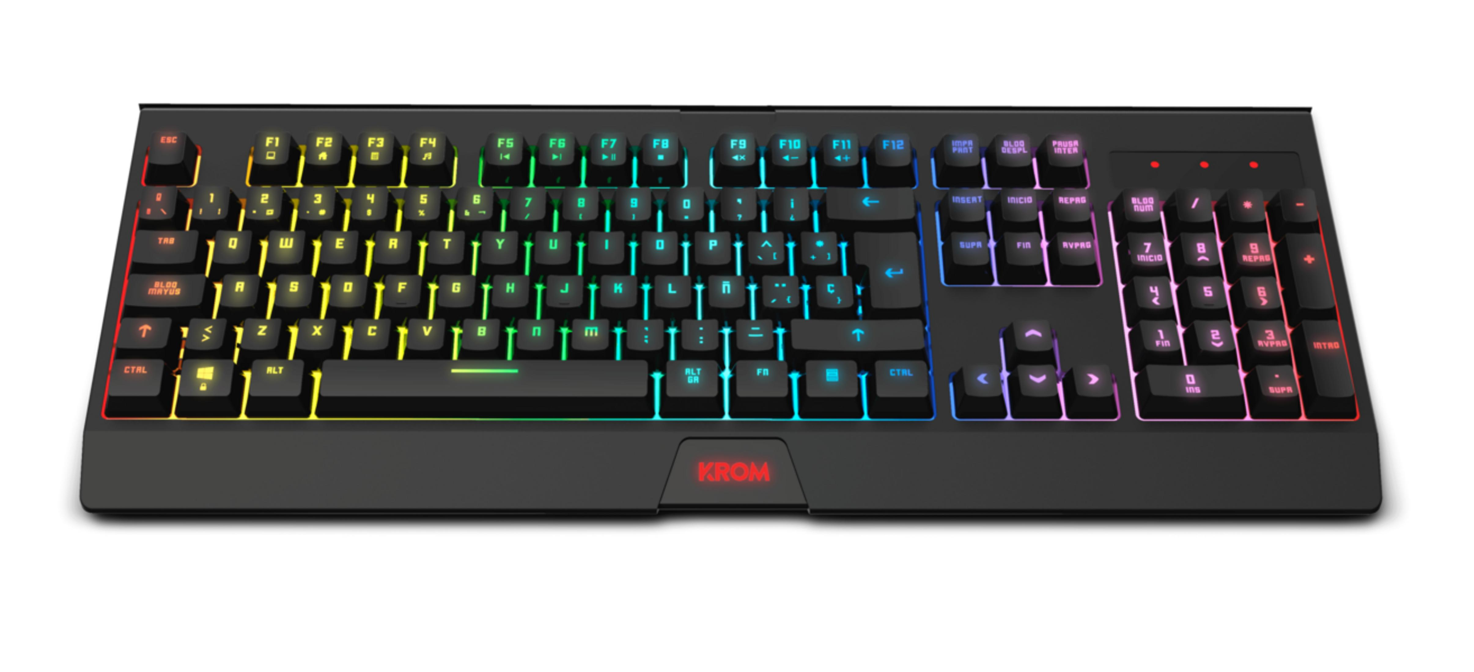 Tastiera nera con retroilluminazione RGB multicolore e logo KROM rosso.