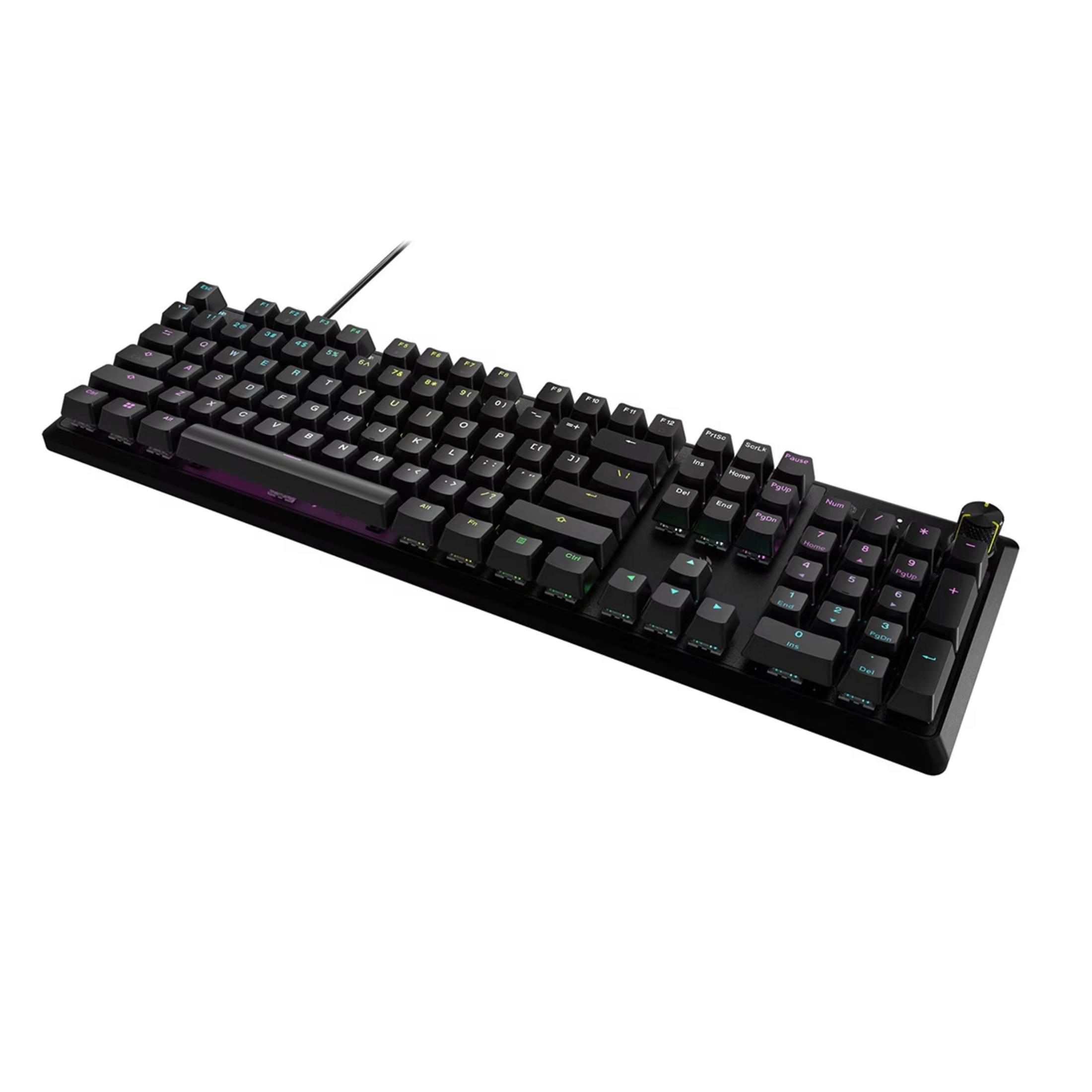 Tastiera meccanica nera con illuminazione RGB e manopola rotante.